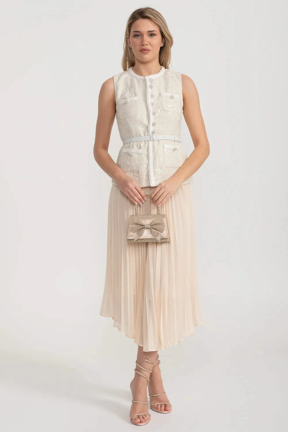 Textured Co-Ord With Front Pockets And Sheer Pleated Skirt - Ivoire