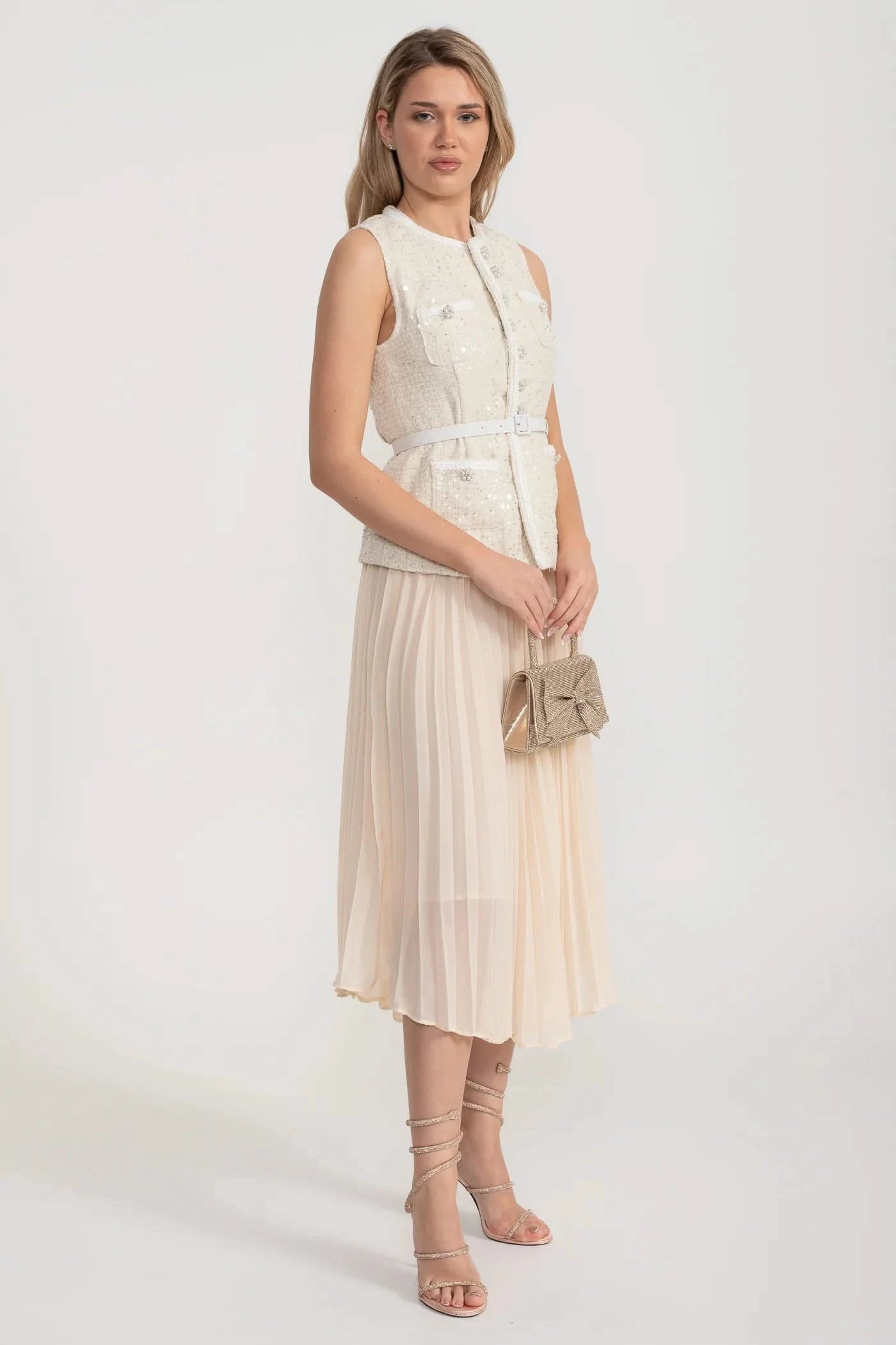 Textured Co-Ord With Front Pockets And Sheer Pleated Skirt - Ivoire