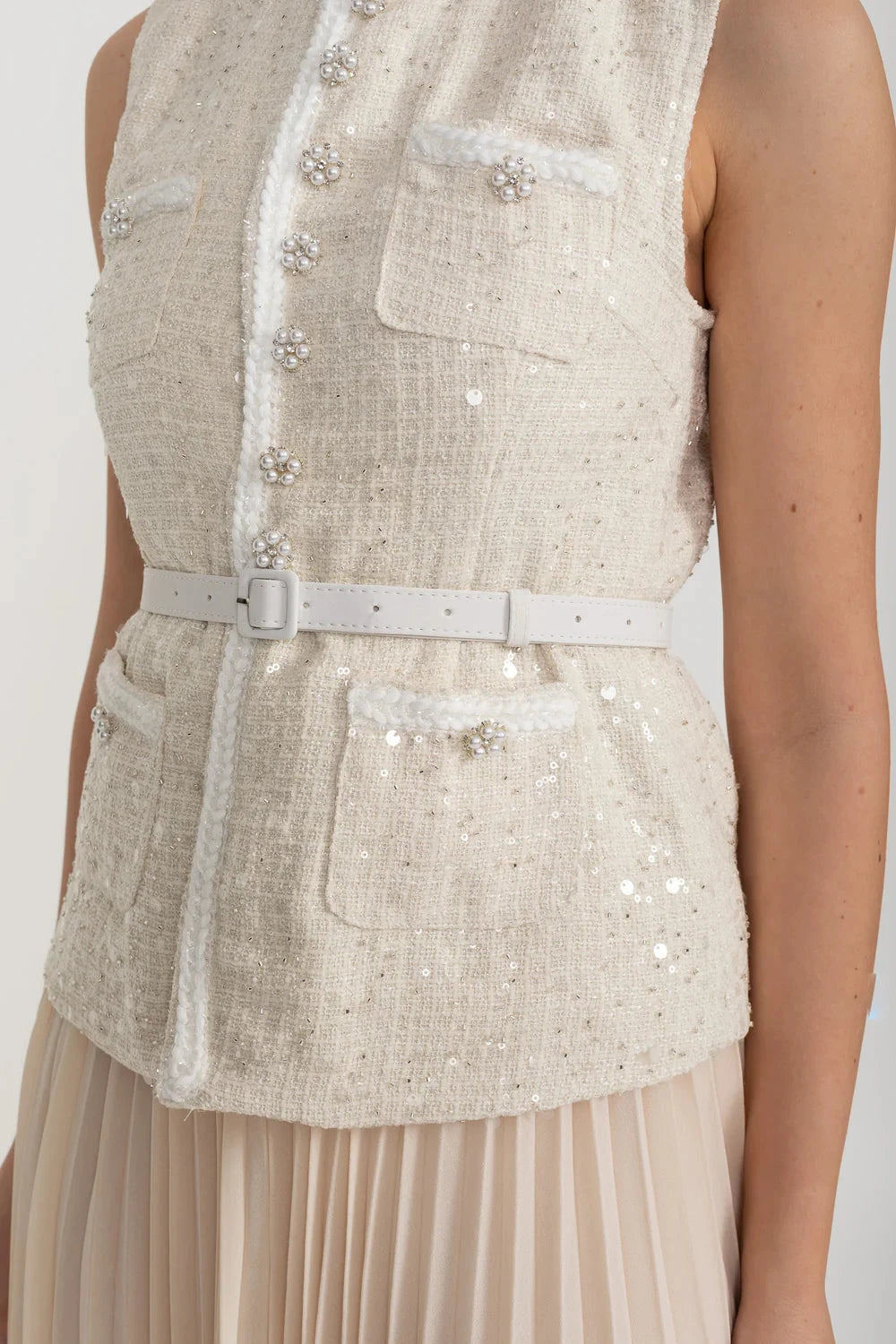 Textured Co-Ord With Front Pockets And Sheer Pleated Skirt - Ivoire