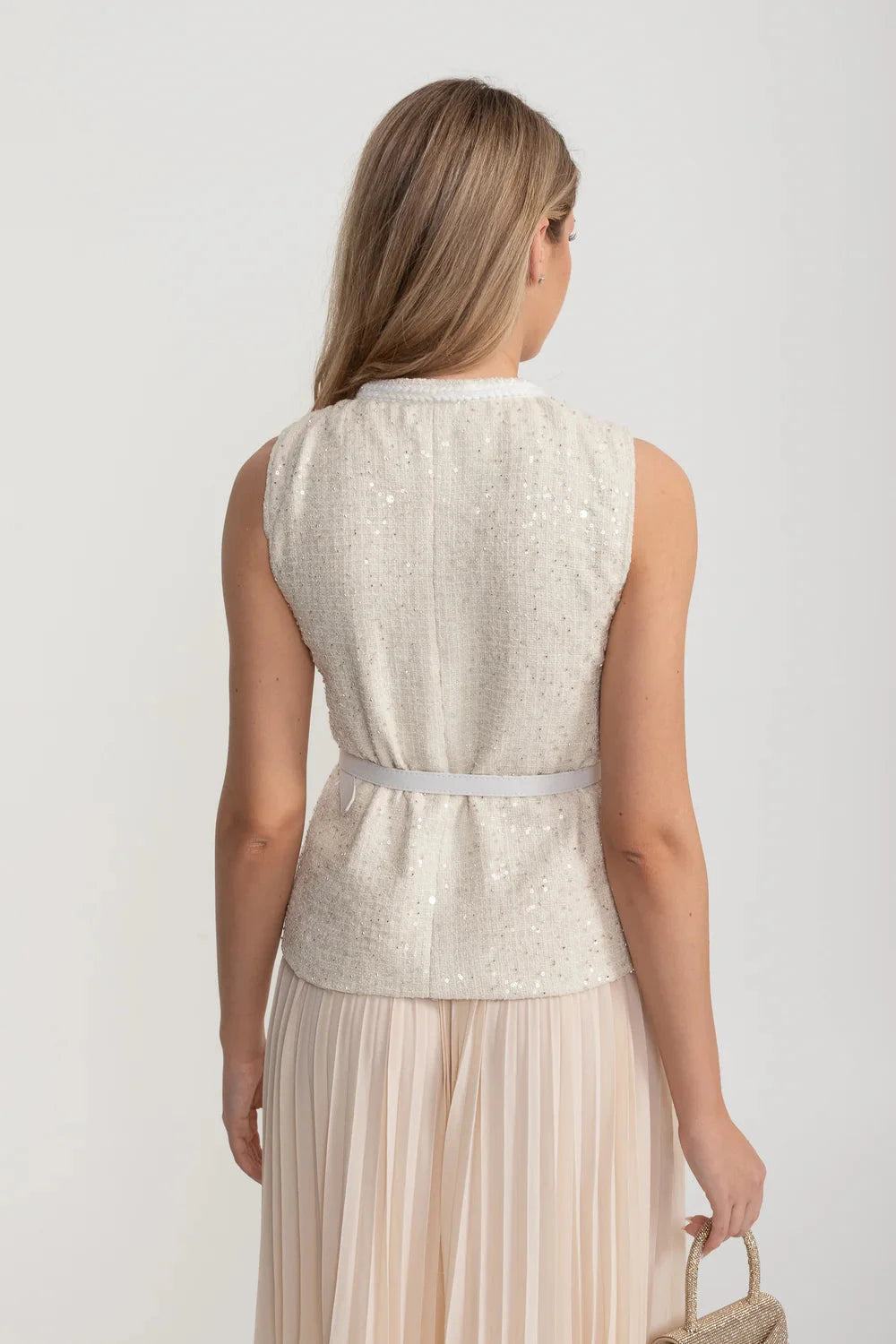 Textured Co-Ord With Front Pockets And Sheer Pleated Skirt - Ivoire