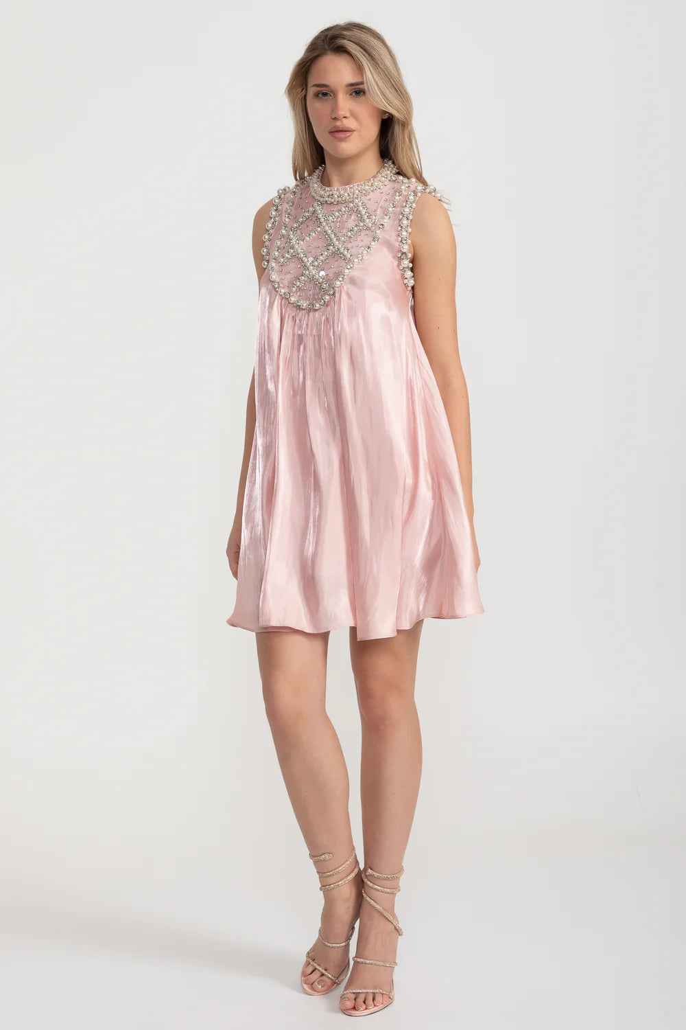 Elegant A-Line Sleeveless Dress With Intricate Pearl And Crystal Embellishments - Pink