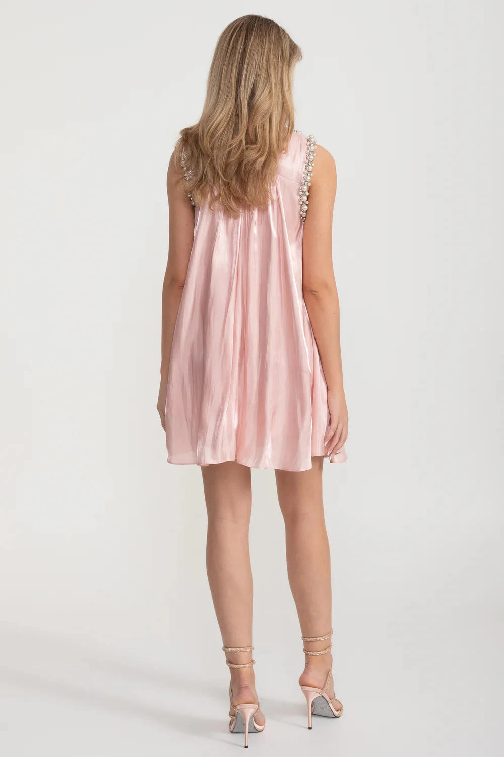 Elegant A-Line Sleeveless Dress With Intricate Pearl And Crystal Embellishments - Pink