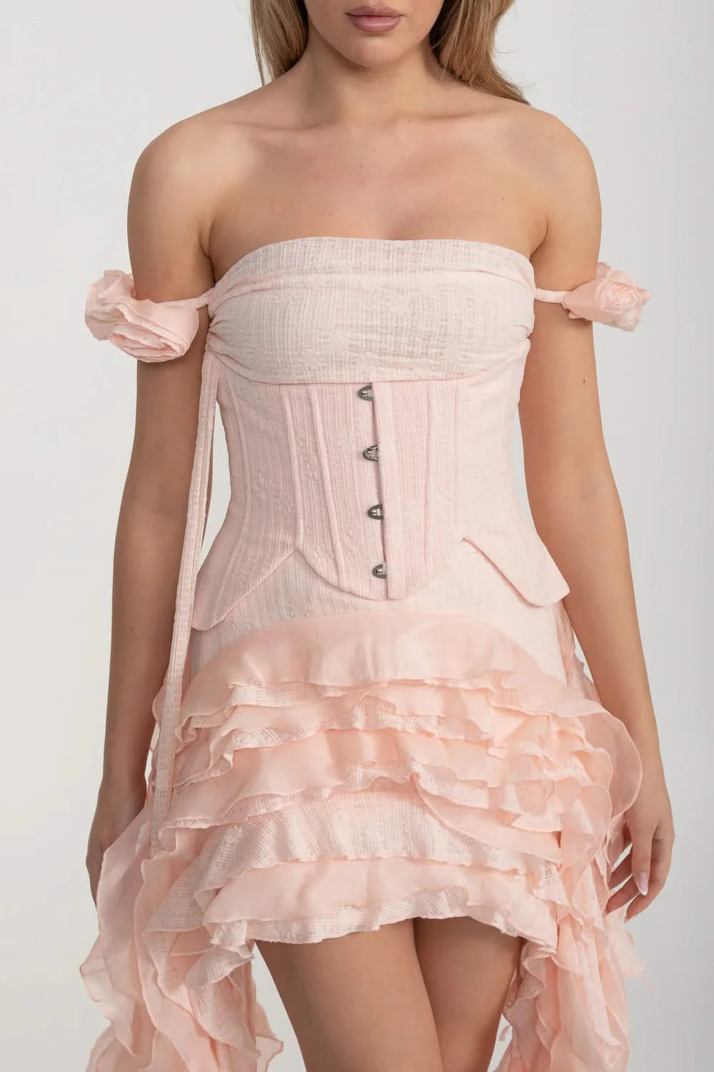 Vintage Inspired Corset Dress With Ruched Bustier And Flowing Ruffled Side Details - Pink