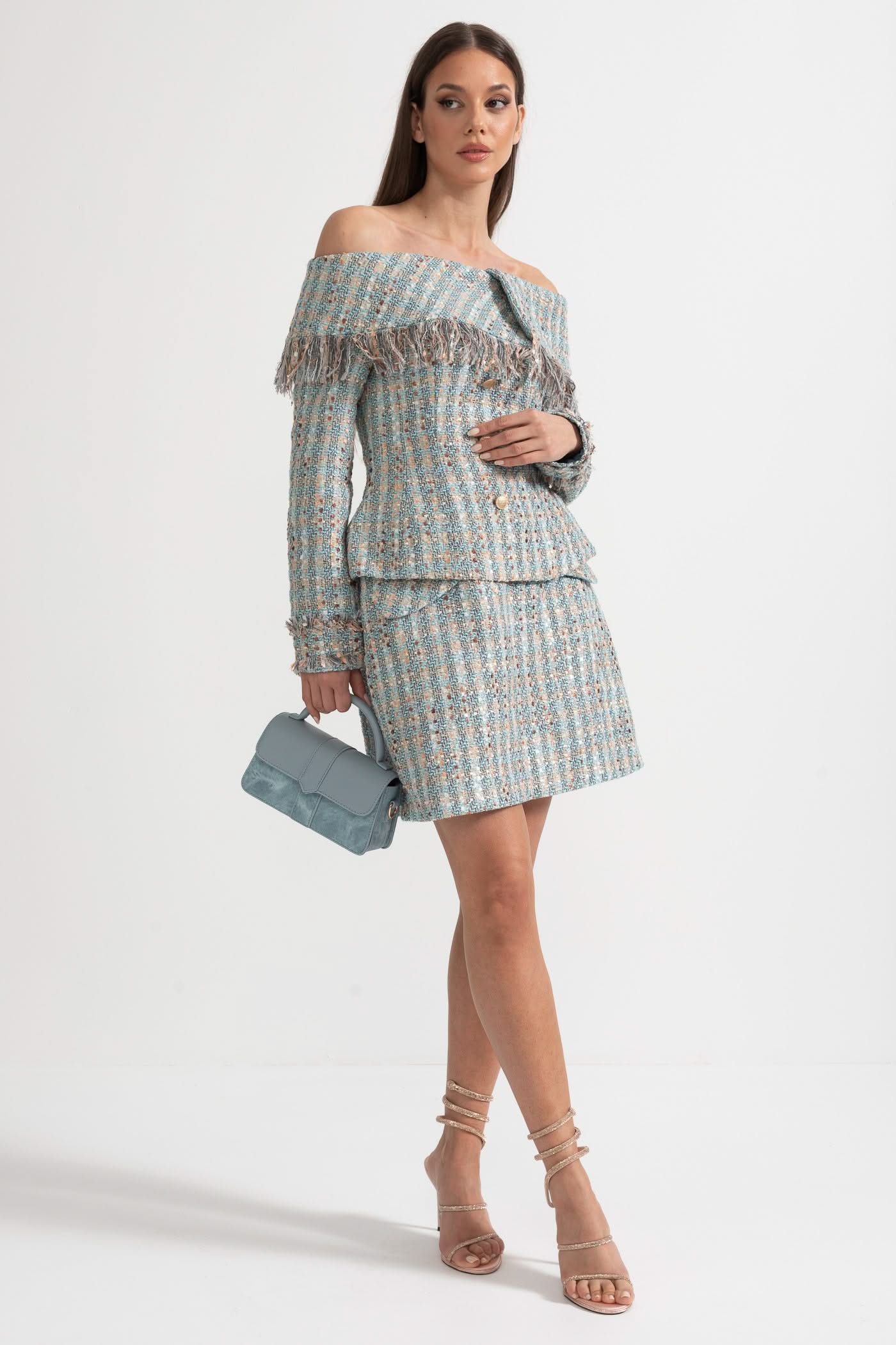 Plaid Tweed Set With Off-Shoulder Top And Coordinated Mini Skirt - Blue