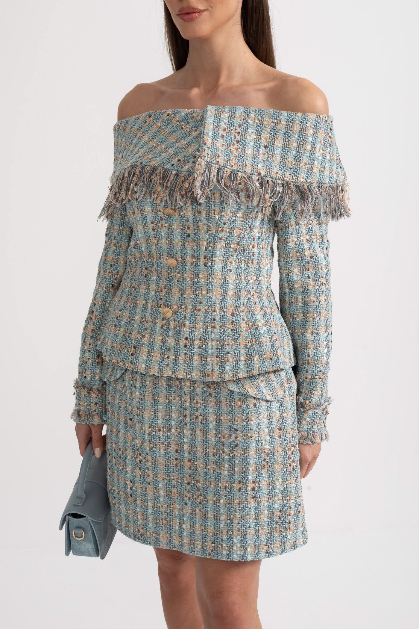 Plaid Tweed Set With Off-Shoulder Top And Coordinated Mini Skirt - Blue
