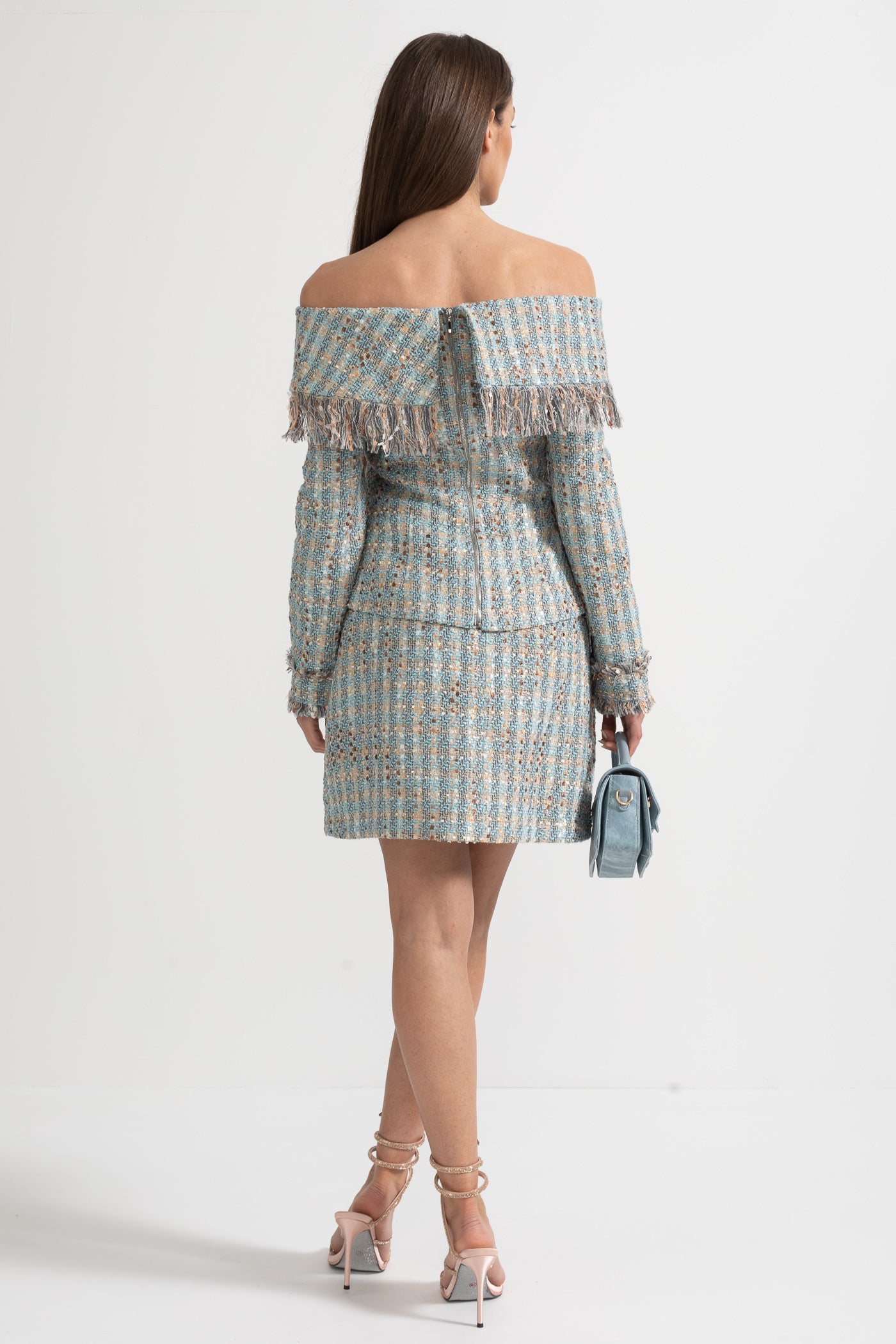 Plaid Tweed Set With Off-Shoulder Top And Coordinated Mini Skirt - Blue