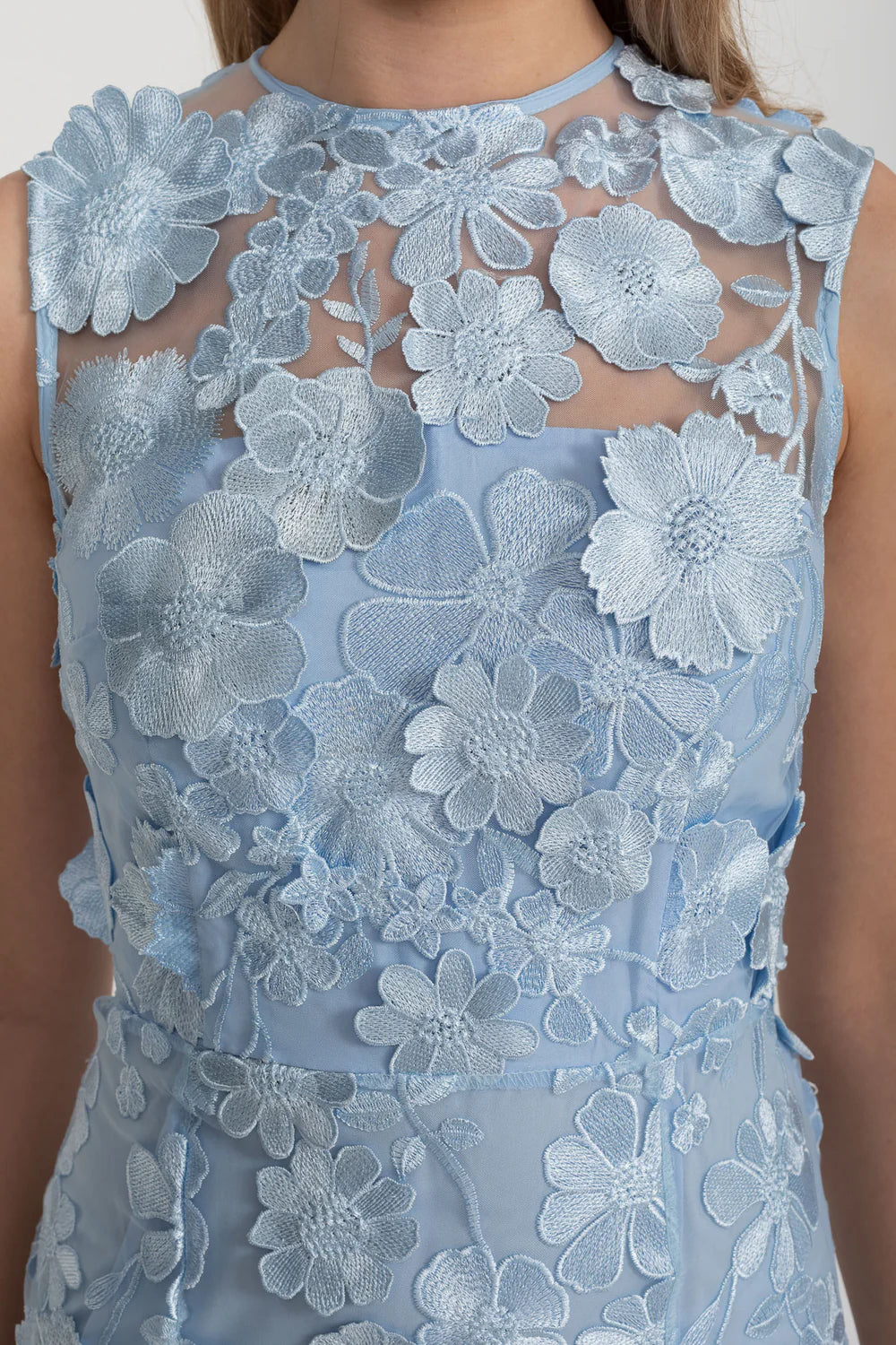 Sheer Dress With Fitted Waist And Floral Appliques - Light Blue