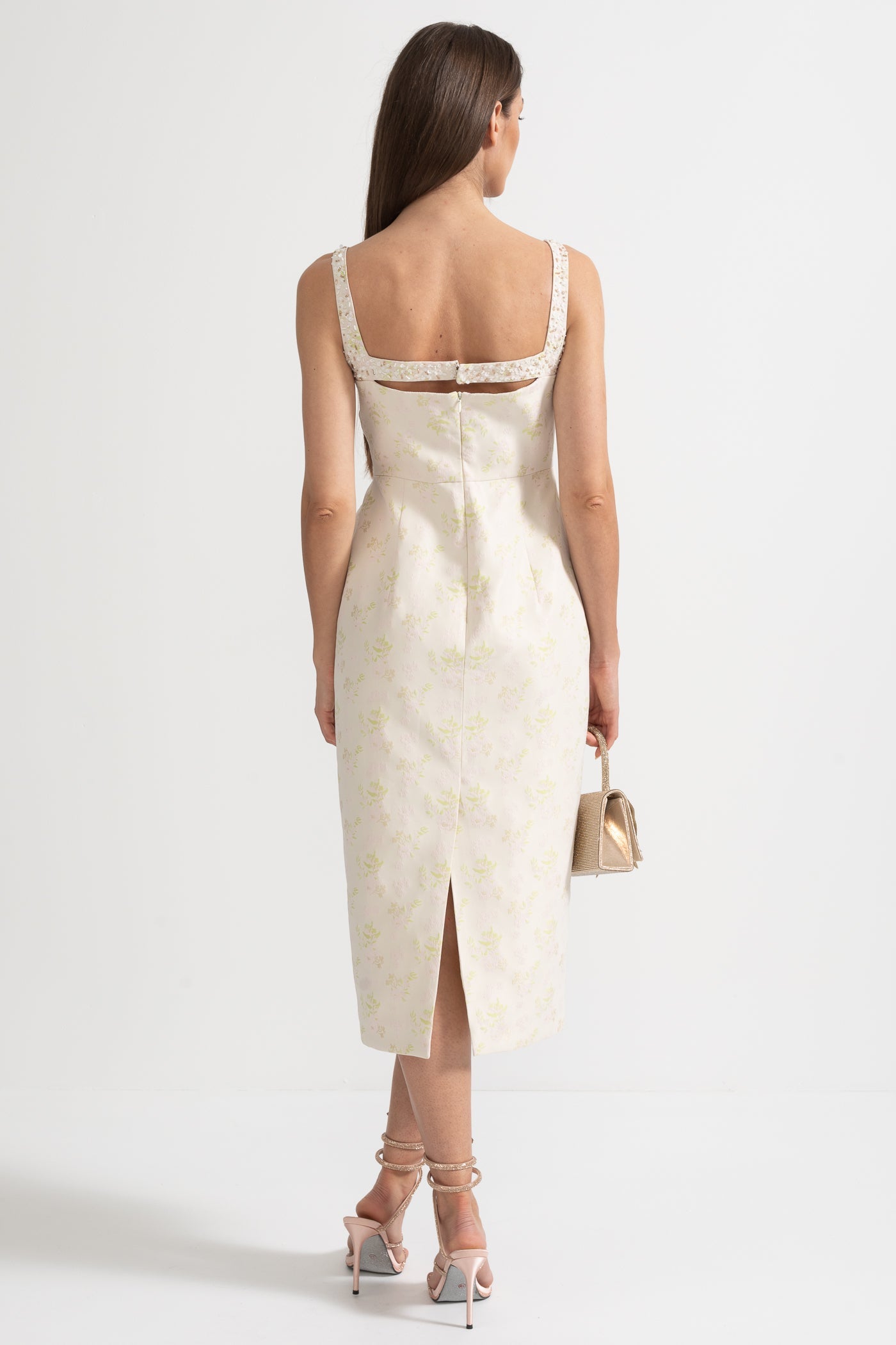Sleeveless Midi Dress With Square Neckline, Subtle Floral Pattern And Front Cutout - Ivoire