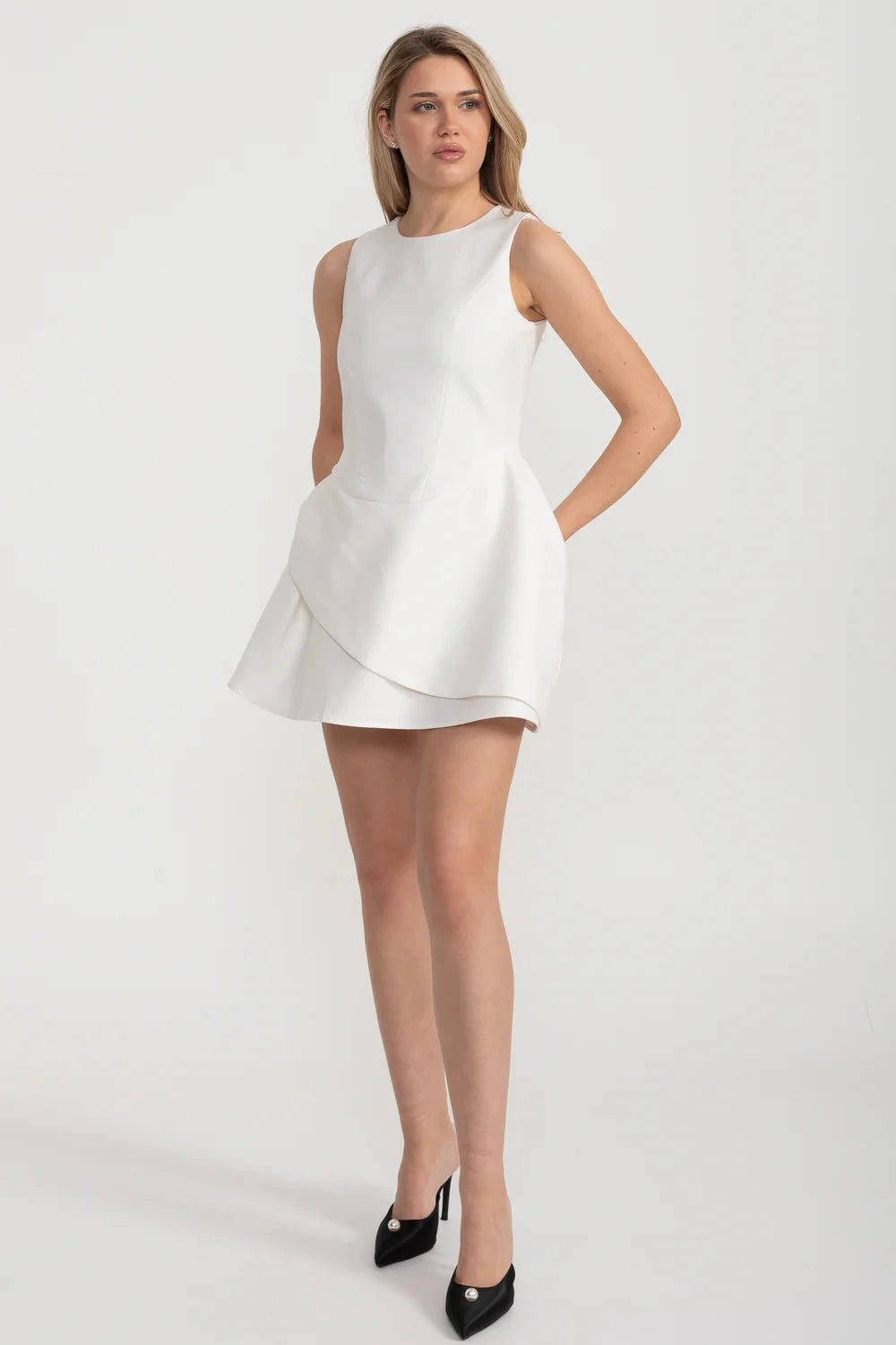 Contemporary Sleeveless Dress With Fitted Bodice And Asymmetrical Skirt - White