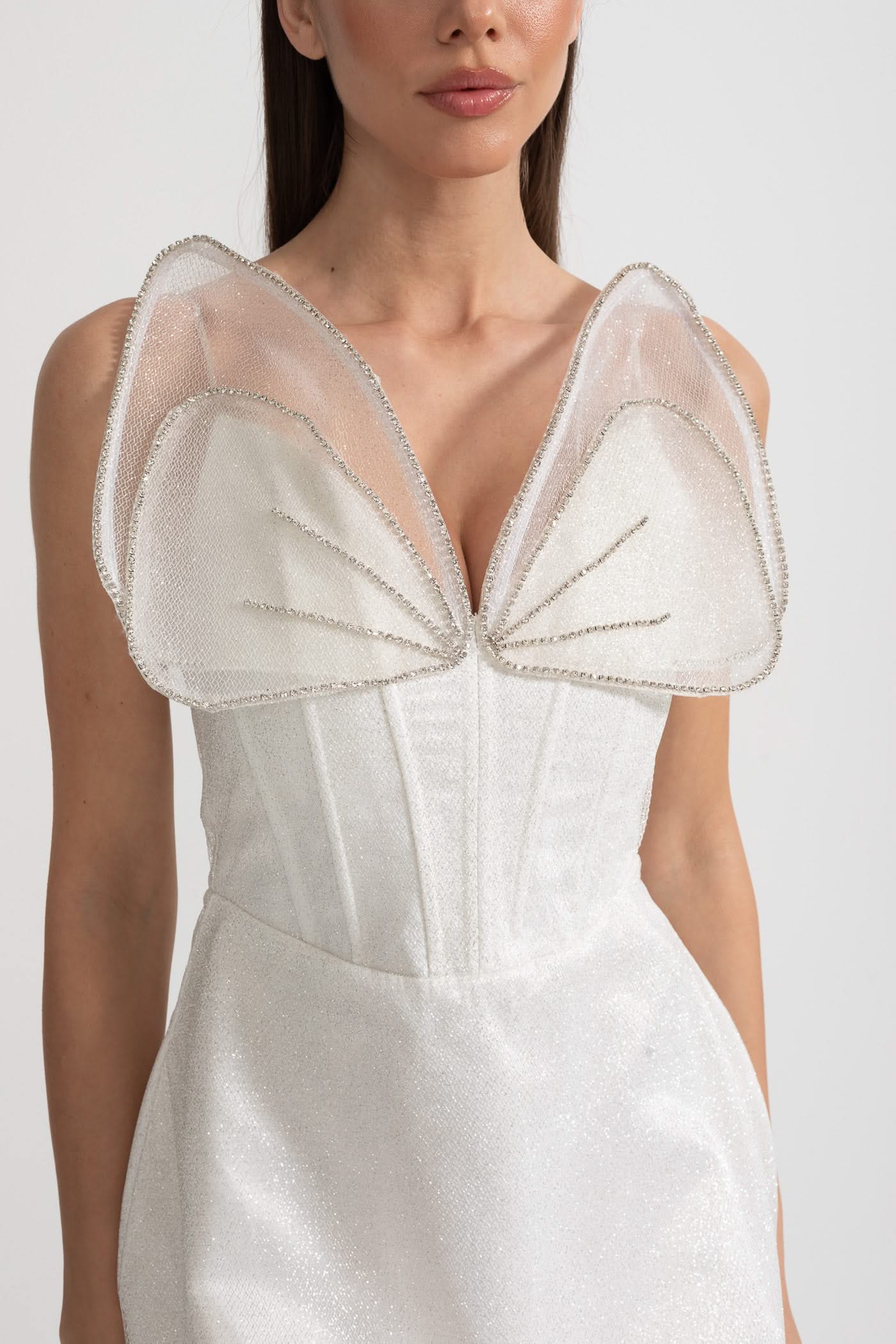 Fitted Mini Dress With Structured Bodice And Sheer Organza Accents - White