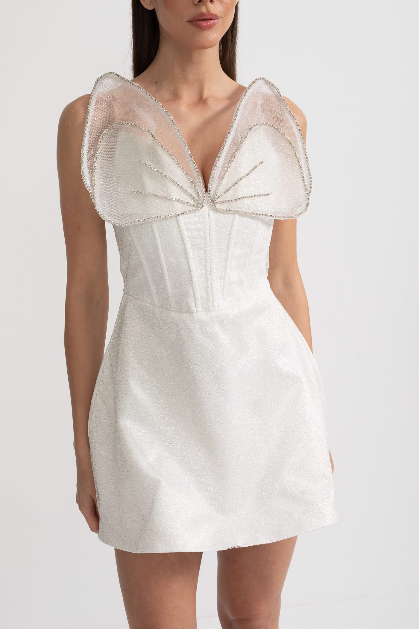 Fitted Mini Dress With Structured Bodice And Sheer Organza Accents - White