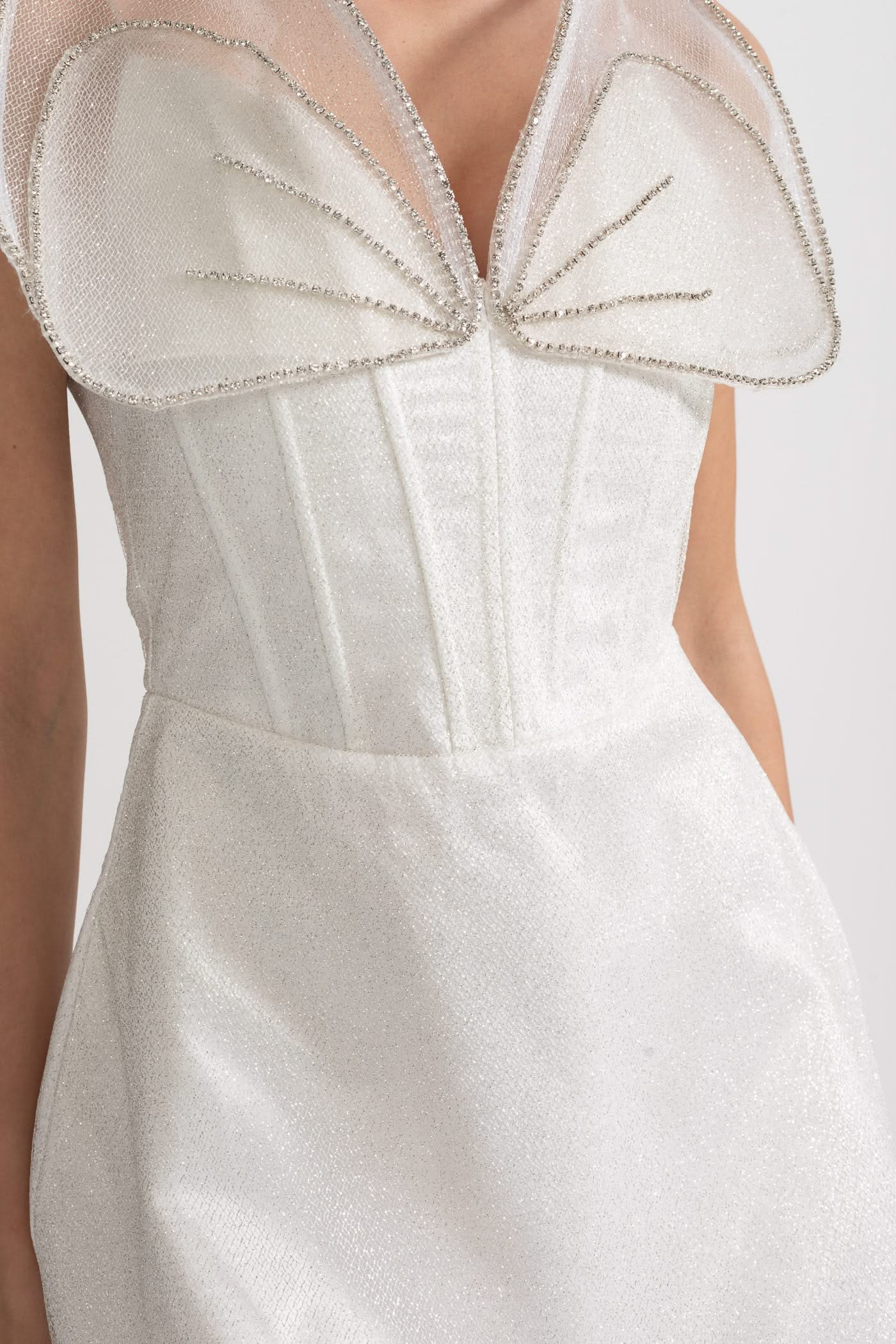 Fitted Mini Dress With Structured Bodice And Sheer Organza Accents - White