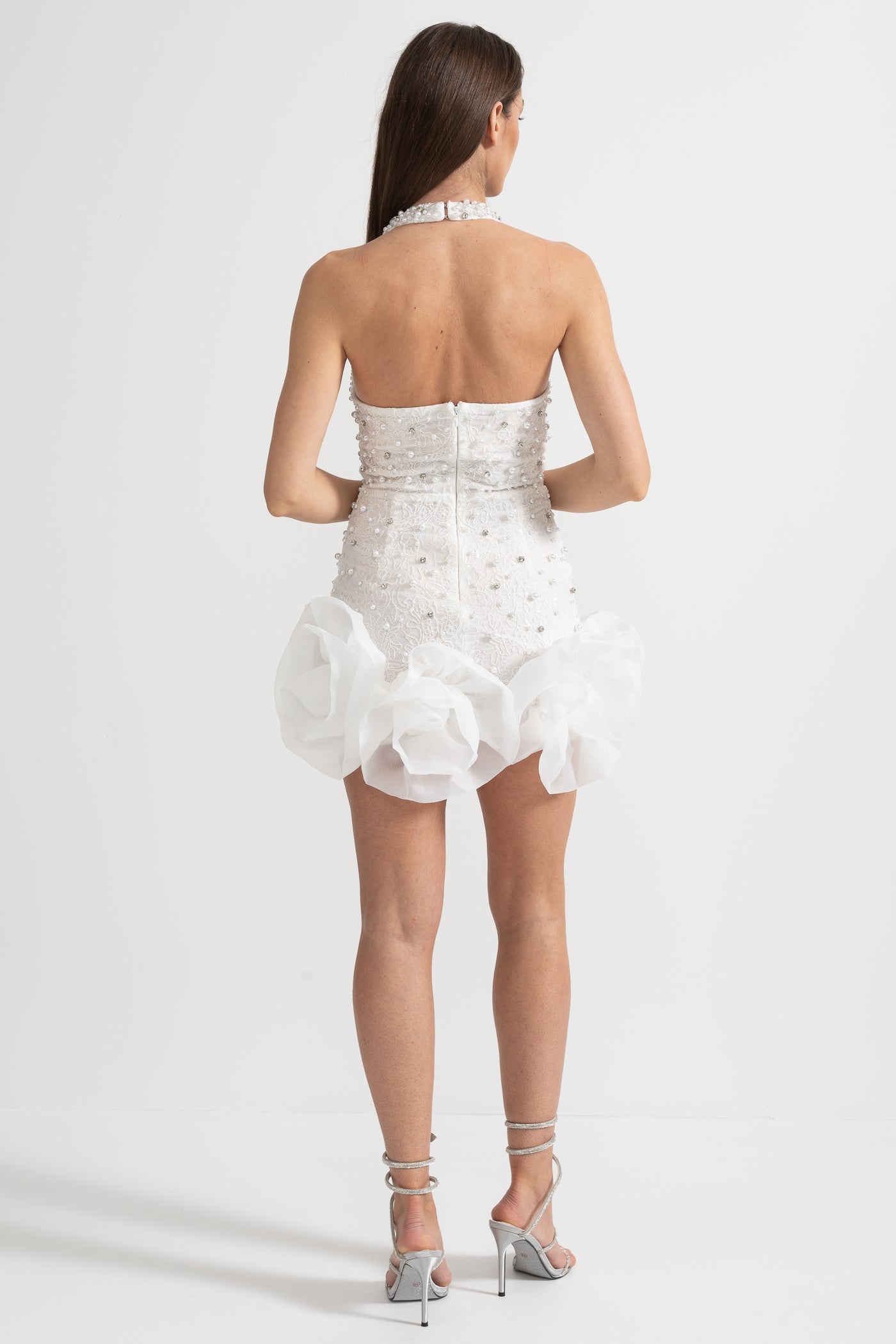Sleeveless Mini Dress With Deep V-Neckline And Intricate Pearl And Bead Embellishments - White
