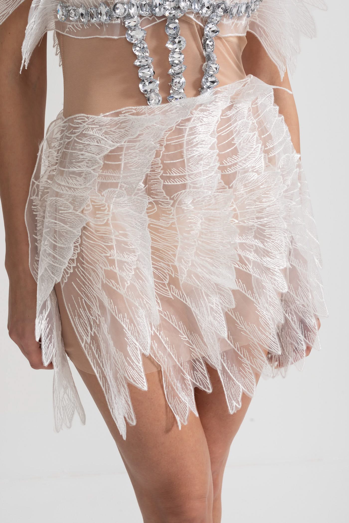 Ethereal Mini Dress With Sheer Wings Texture And Crystal Embellishments - White
