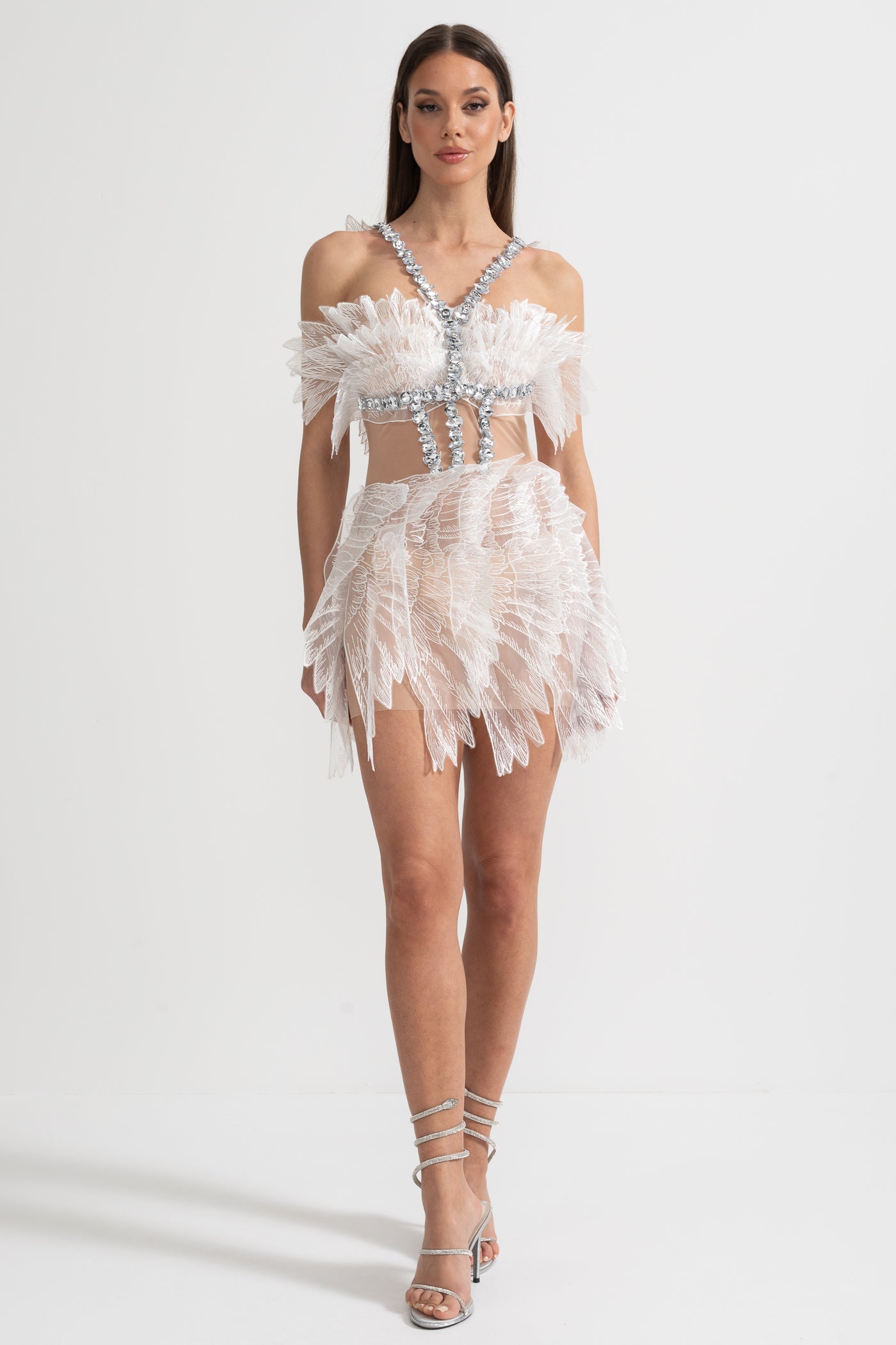 Ethereal Mini Dress With Sheer Wings Texture And Crystal Embellishments - White