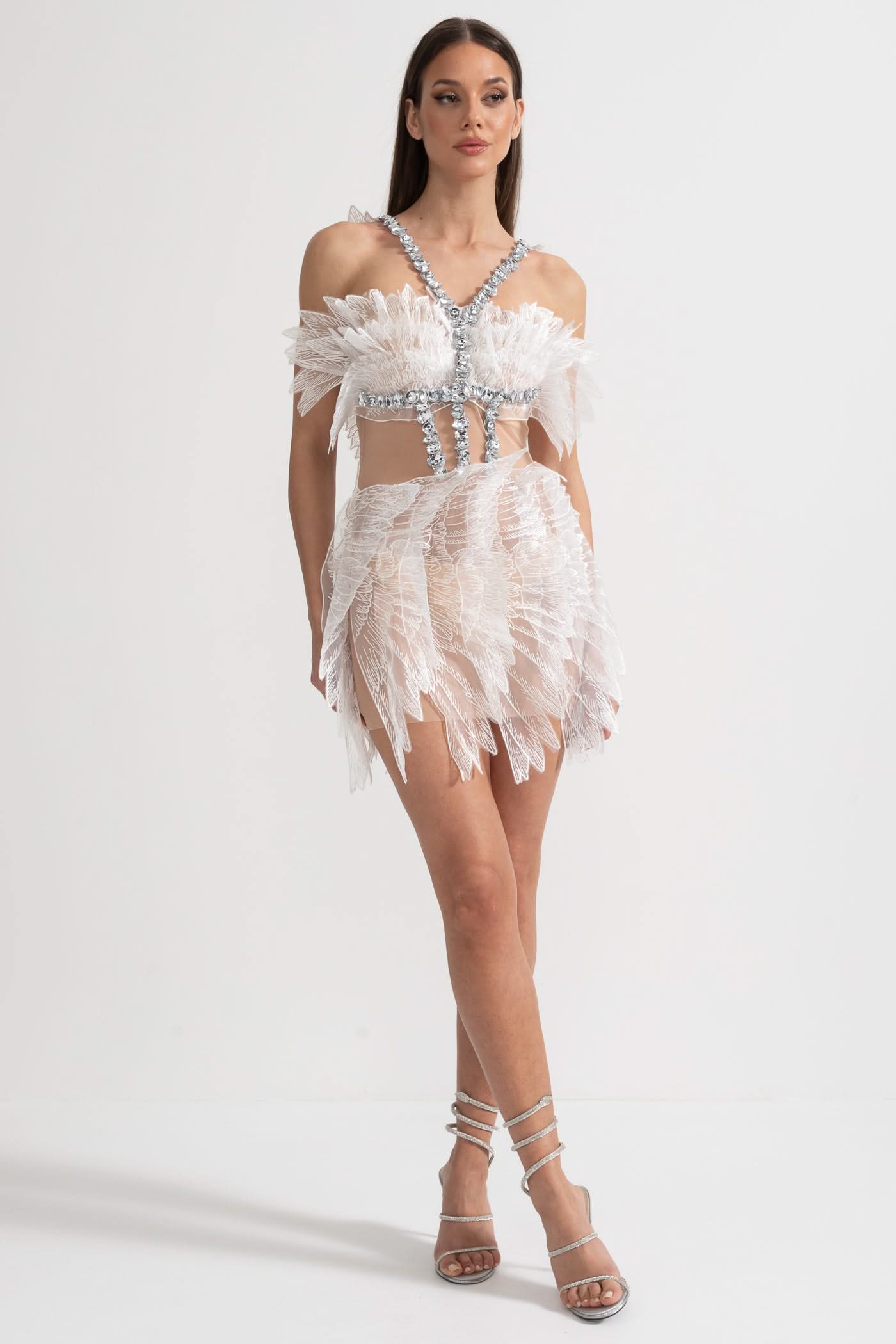 Ethereal Mini Dress With Sheer Wings Texture And Crystal Embellishments - White
