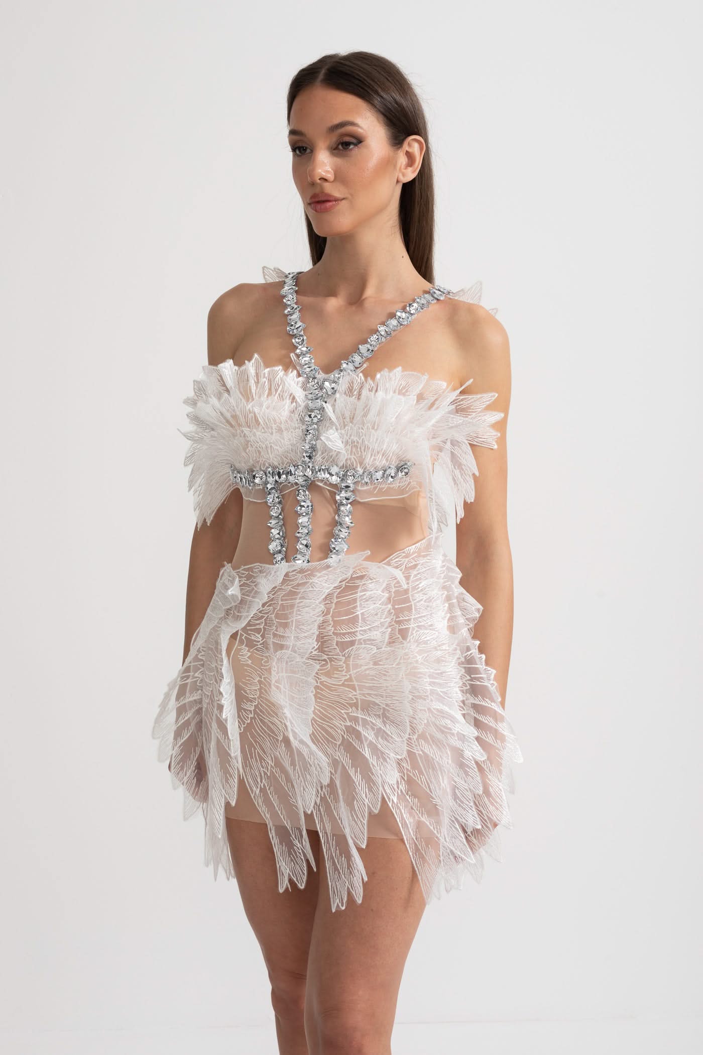 Ethereal Mini Dress With Sheer Wings Texture And Crystal Embellishments - White