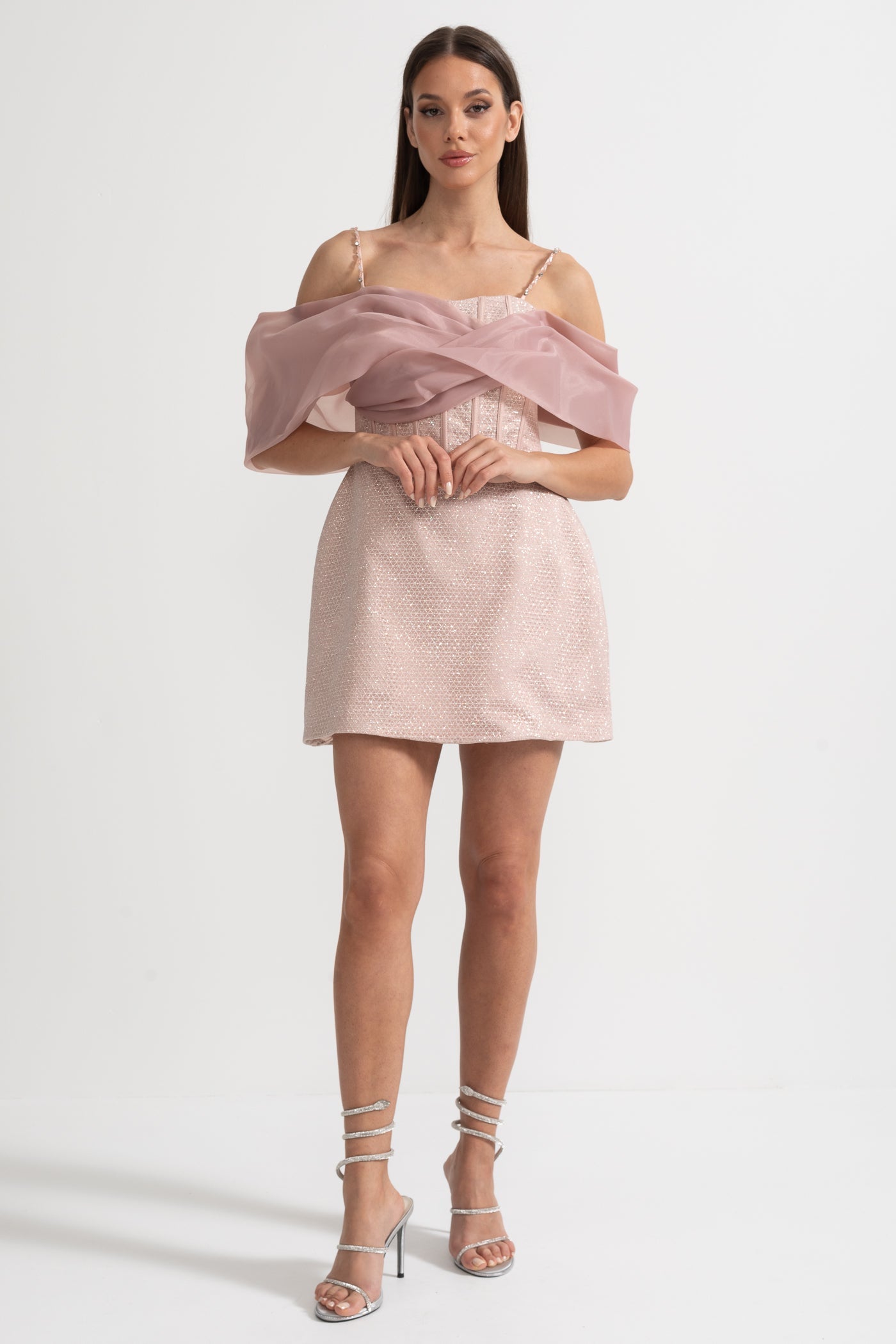 Mini Textured Dress With Fitted Bodice, Patterned Fabric And Sheer Draped Overlay - Pink