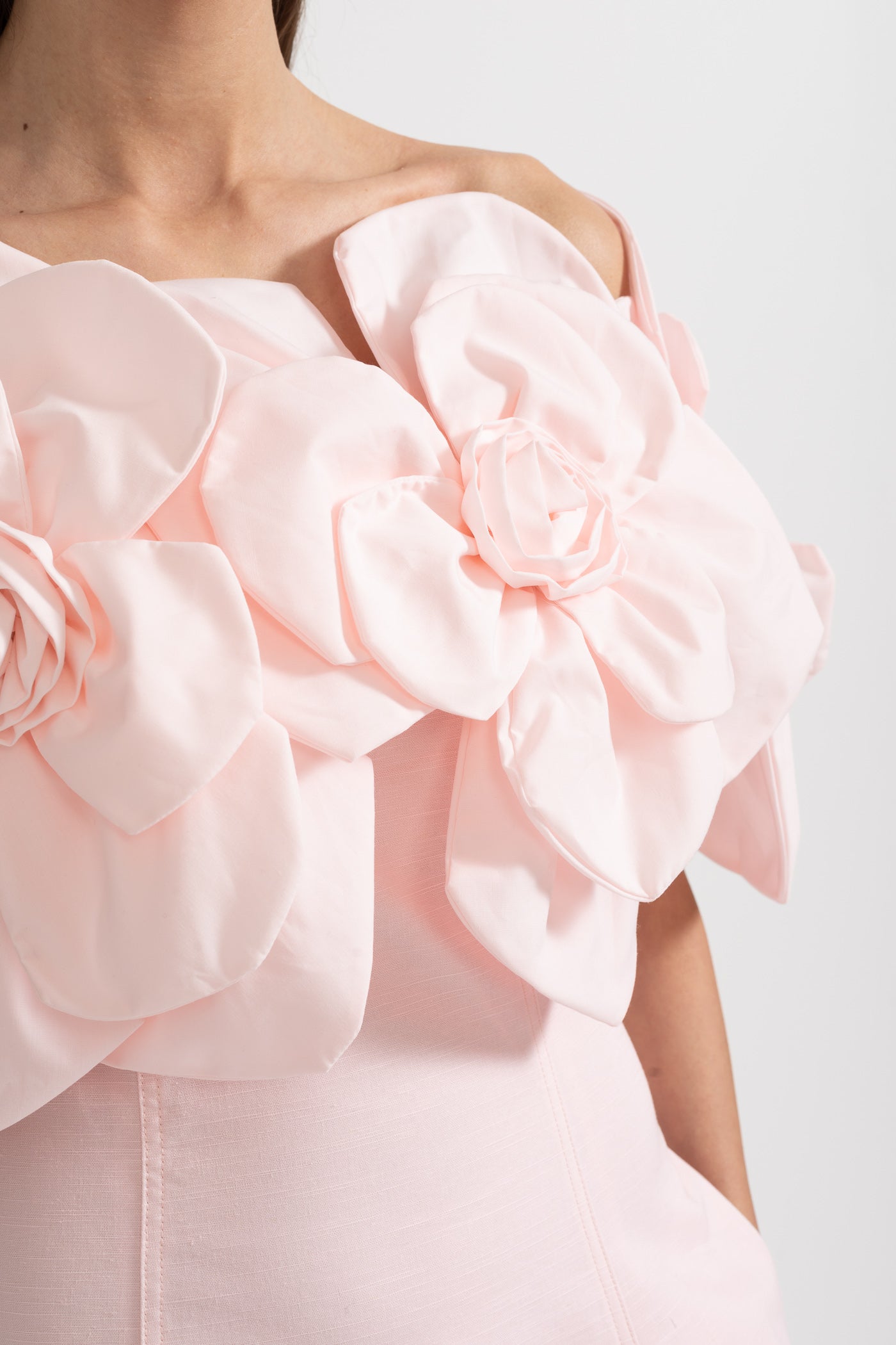 Off-Shoulder Midi Dress With Large Fabric Floral Accents - Pink