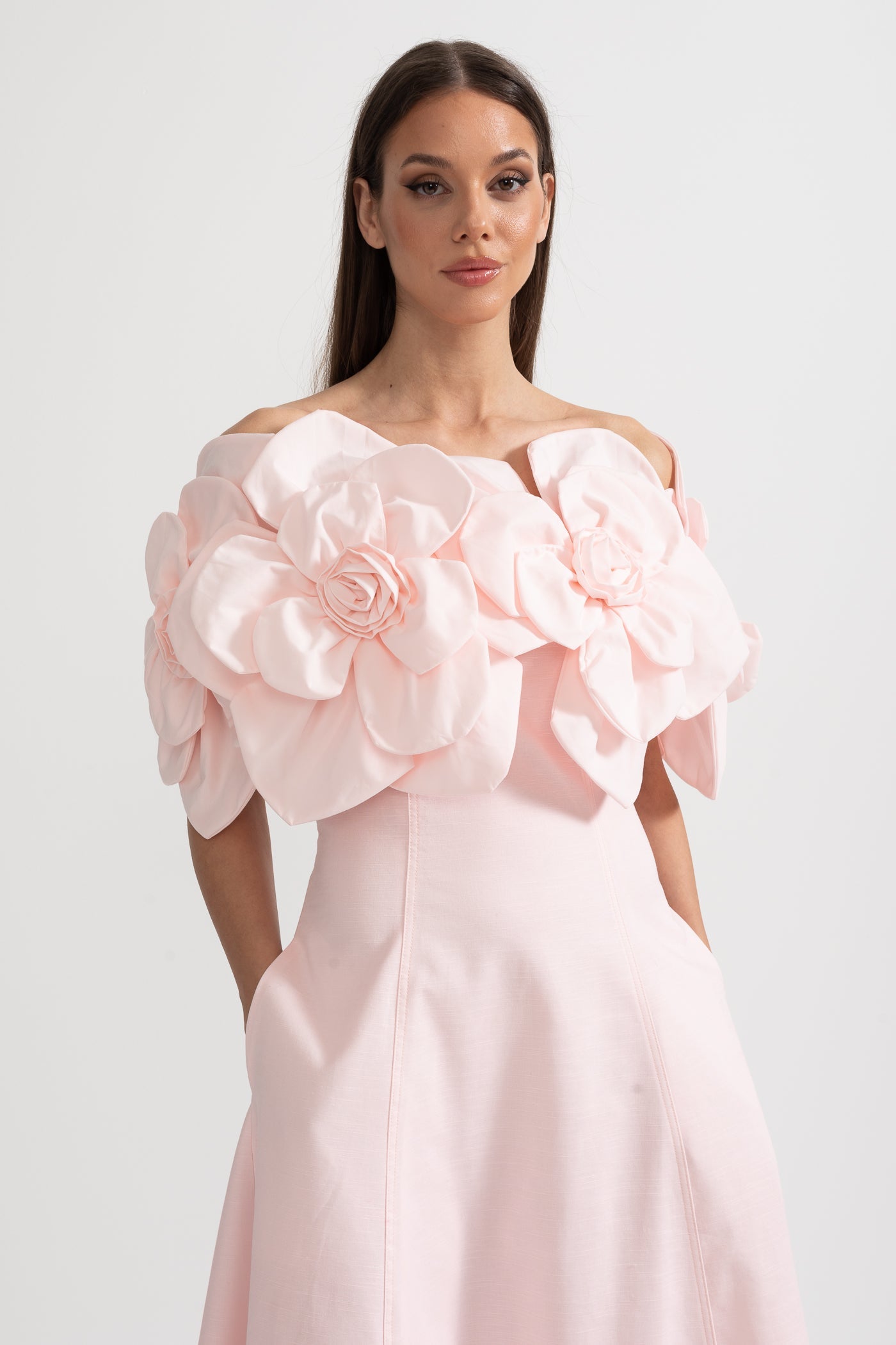 Off-Shoulder Midi Dress With Large Fabric Floral Accents - Pink