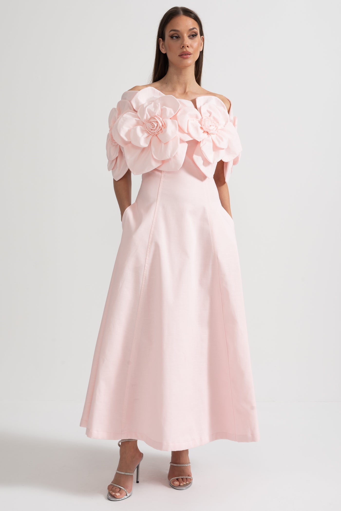 Off-Shoulder Midi Dress With Large Fabric Floral Accents - Pink