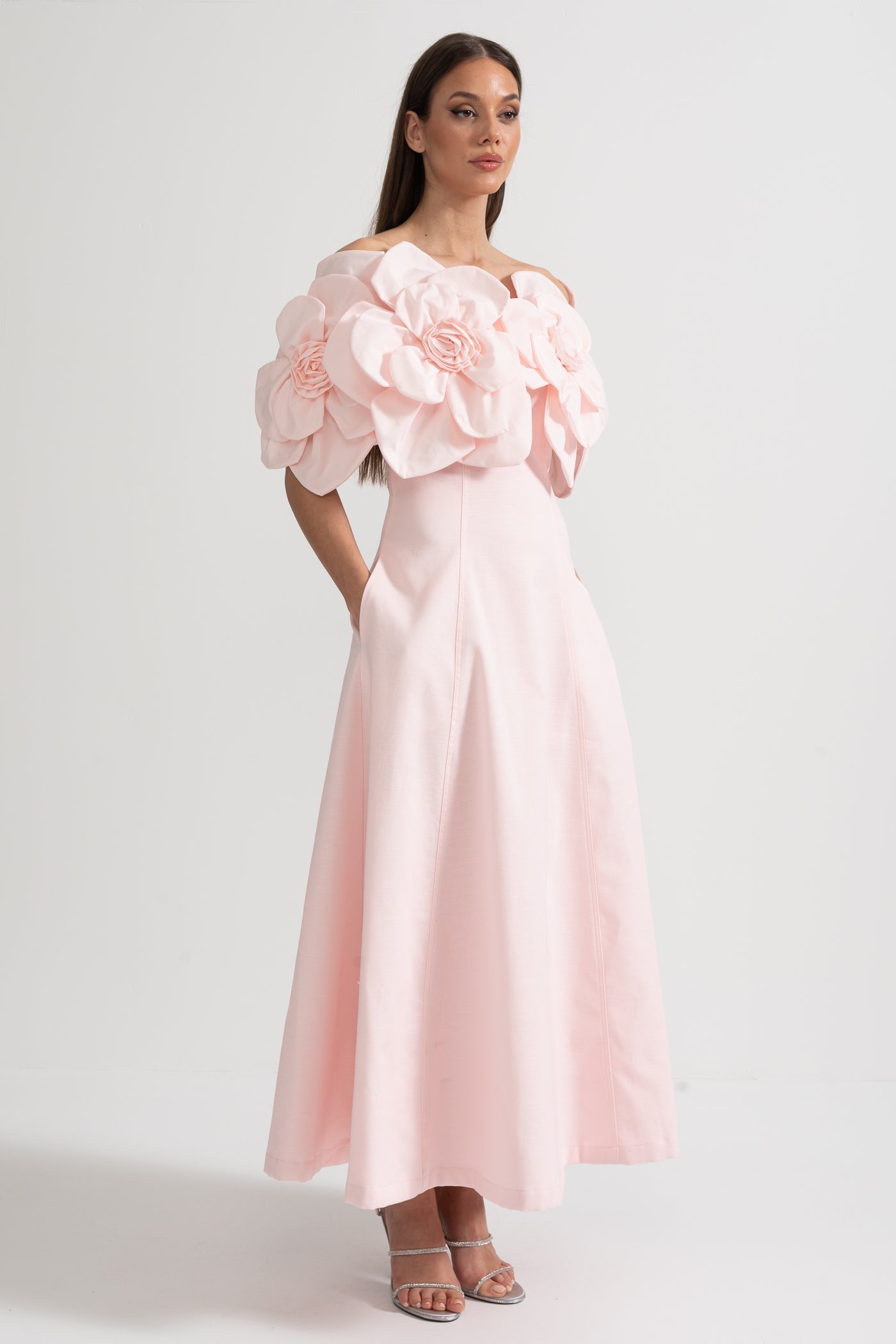 Off-Shoulder Midi Dress With Large Fabric Floral Accents - Pink