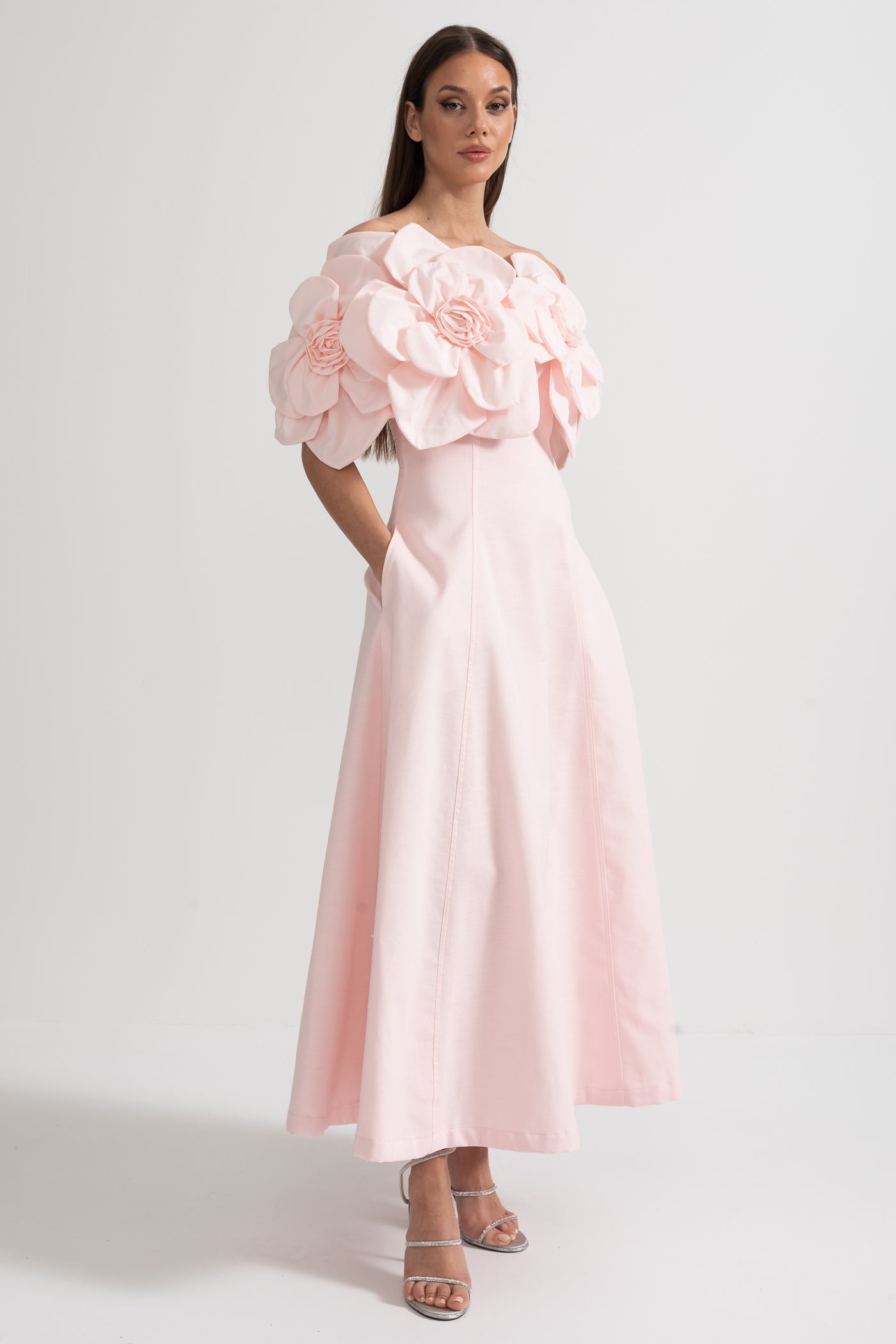 Off-Shoulder Midi Dress With Large Fabric Floral Accents - Pink