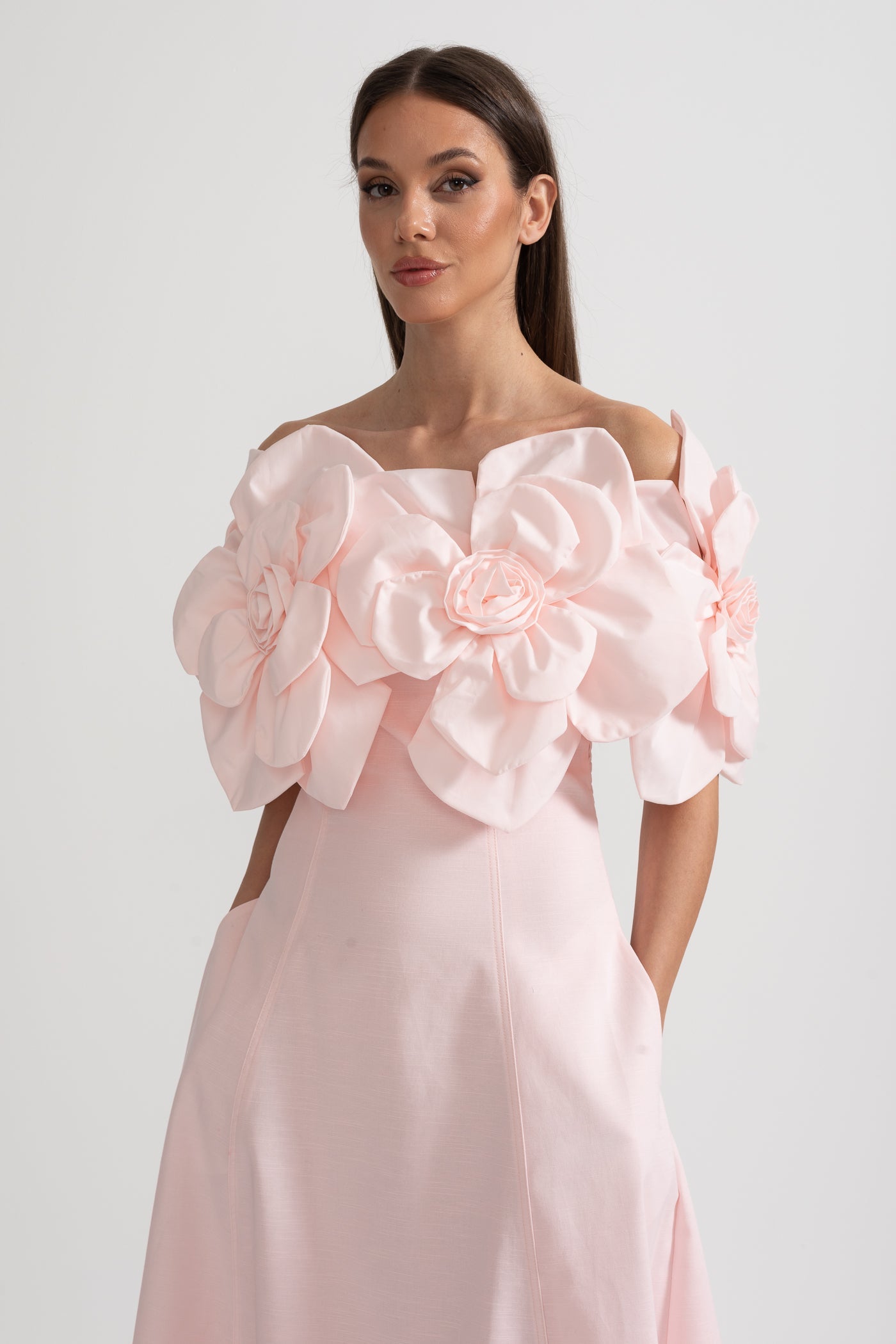 Off-Shoulder Midi Dress With Large Fabric Floral Accents - Pink