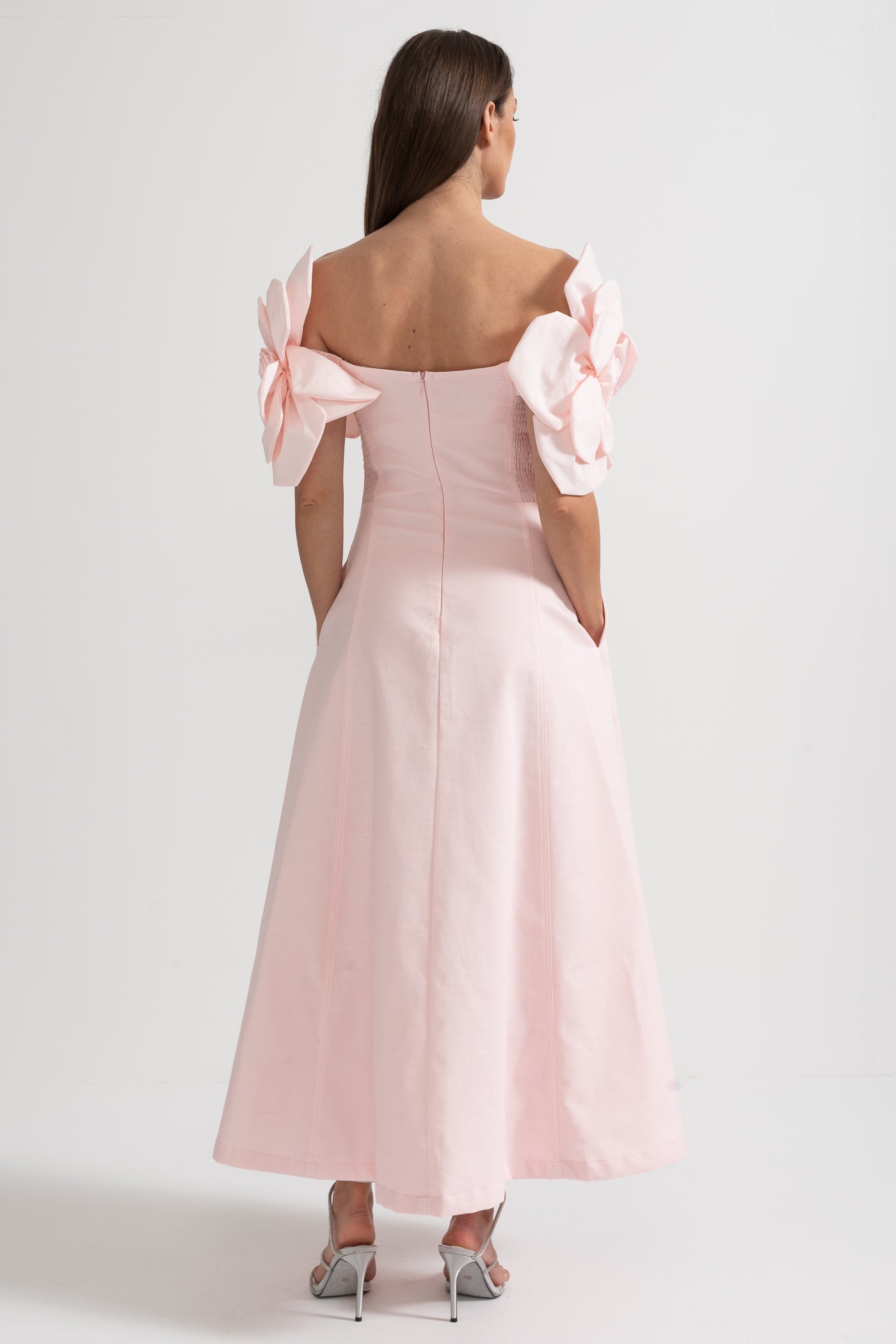 Off-Shoulder Midi Dress With Large Fabric Floral Accents - Pink