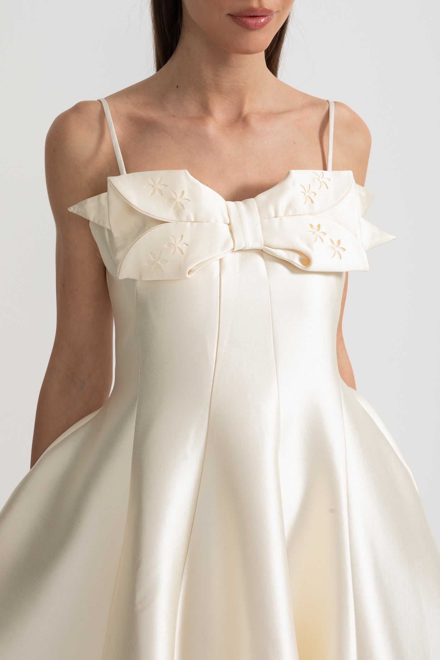 Midi Satin Dress With Fitted Bodice, Delicate Thin Straps And Bow Accent - Ivoire