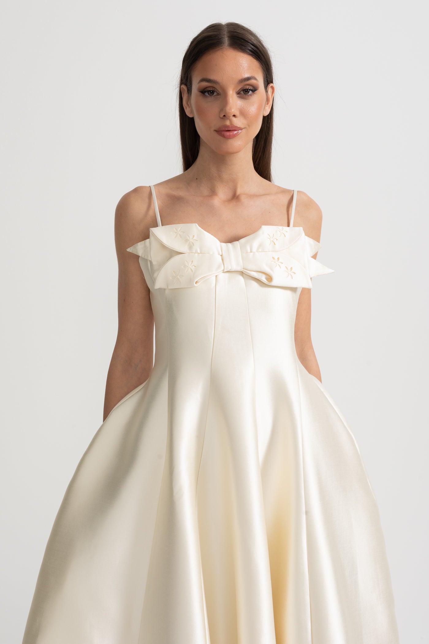 Midi Satin Dress With Fitted Bodice, Delicate Thin Straps And Bow Accent - Ivoire