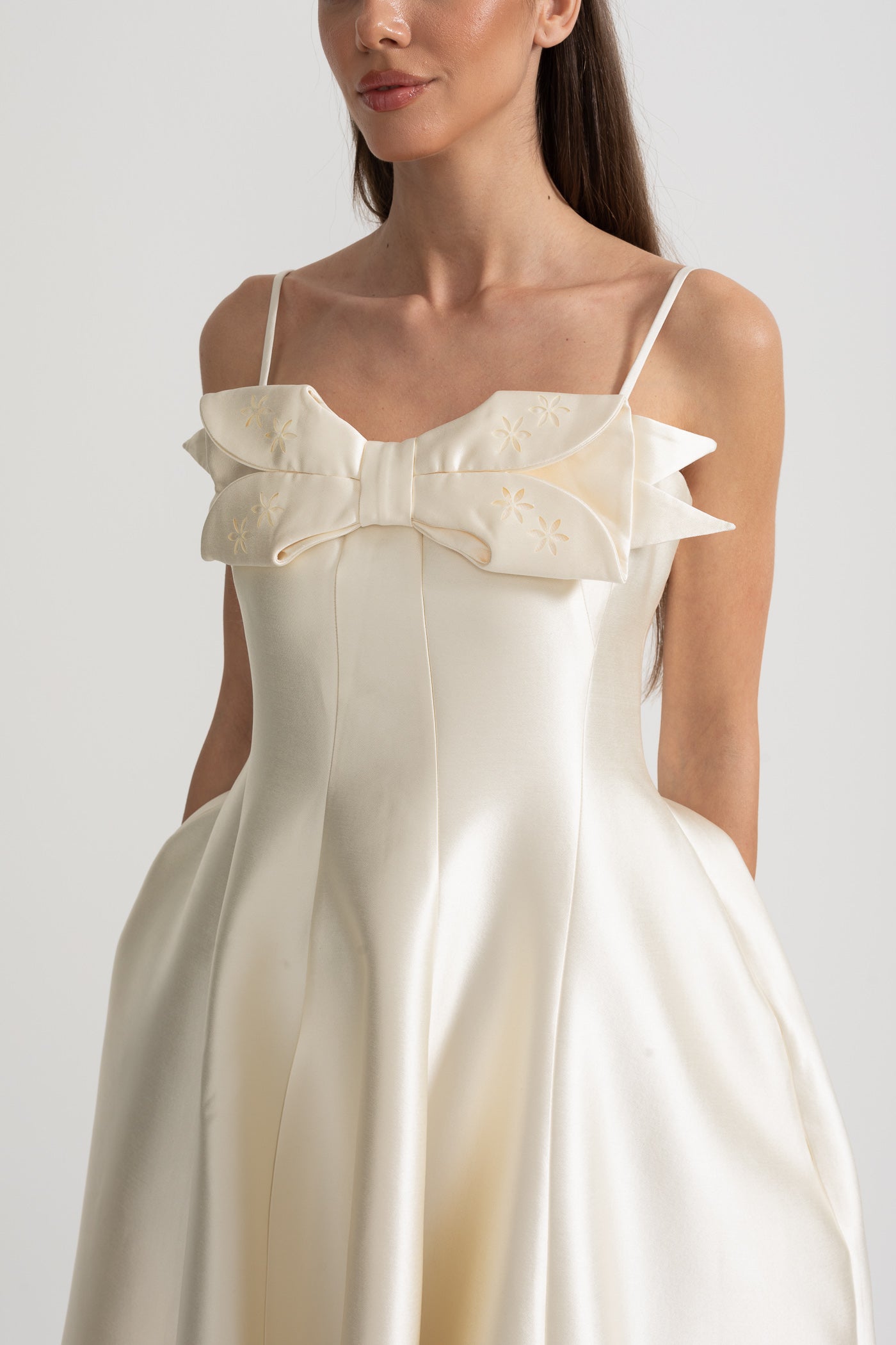 Midi Satin Dress With Fitted Bodice, Delicate Thin Straps And Bow Accent - Ivoire