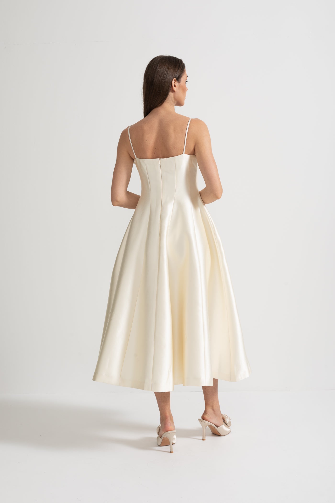 Midi Satin Dress With Fitted Bodice, Delicate Thin Straps And Bow Accent - Ivoire