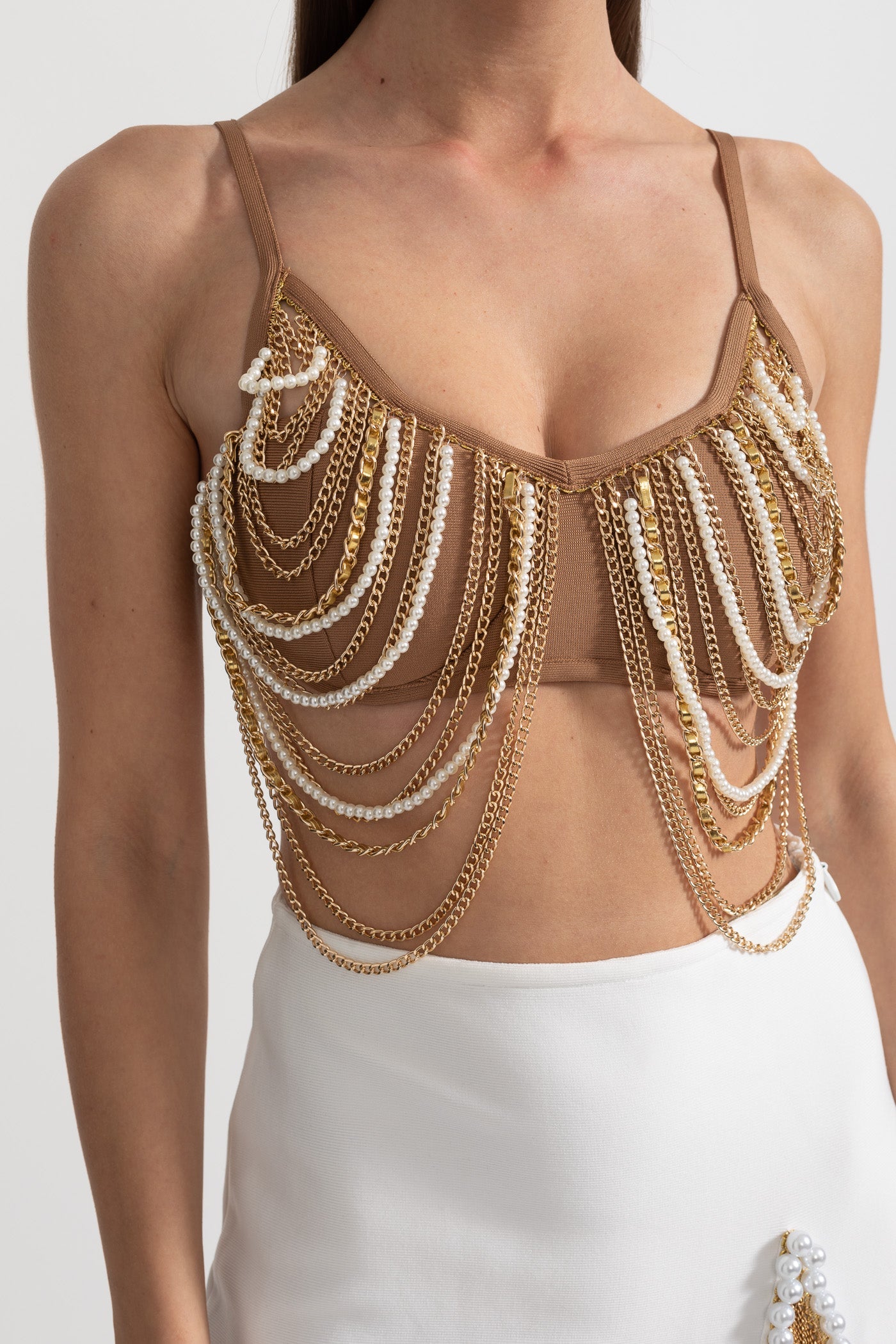 Pearls And Chains Embellished Set With Contrasting Top And Mini Skirt - Gold/White