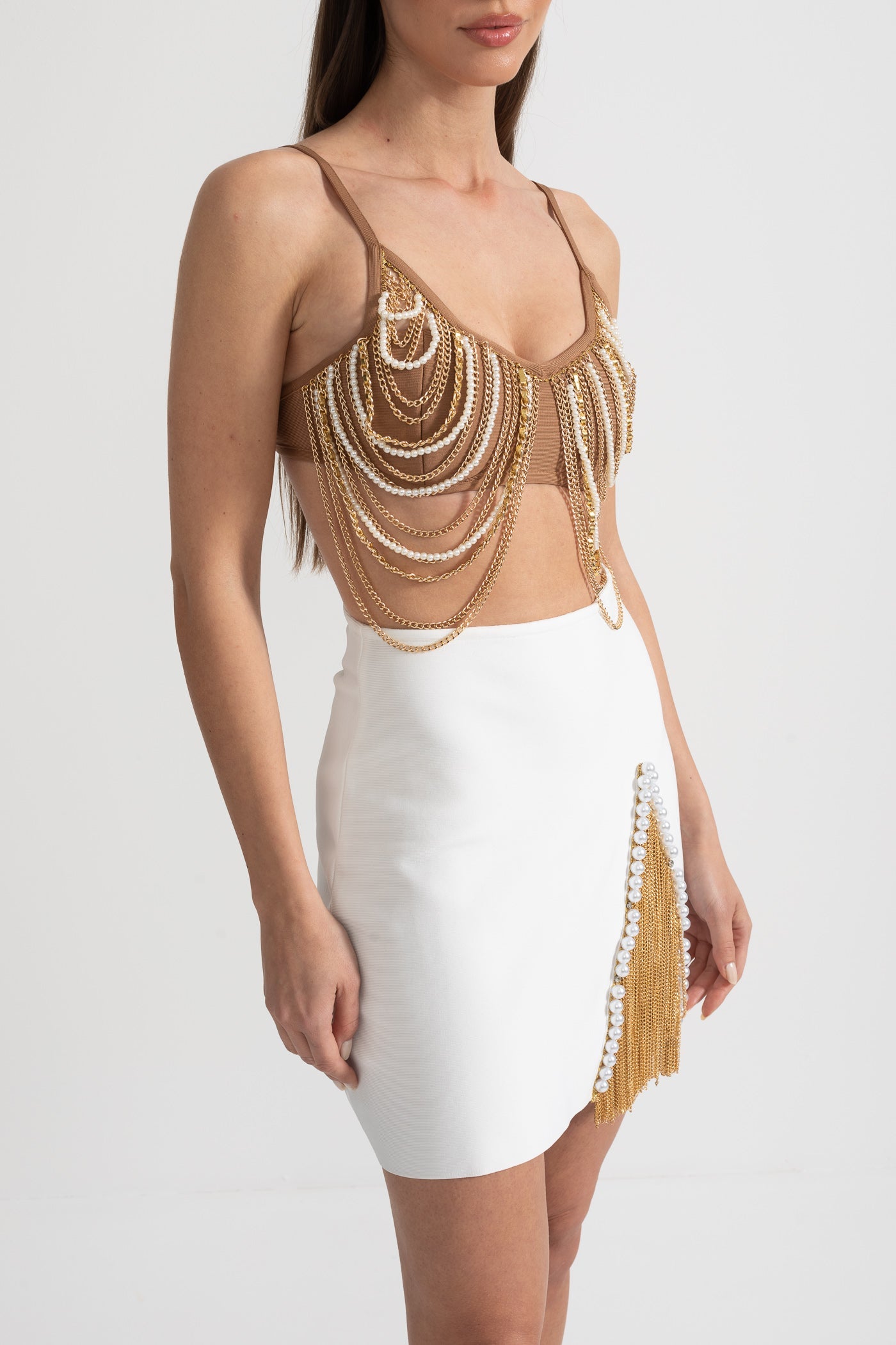 Pearls And Chains Embellished Set With Contrasting Top And Mini Skirt - Gold/White