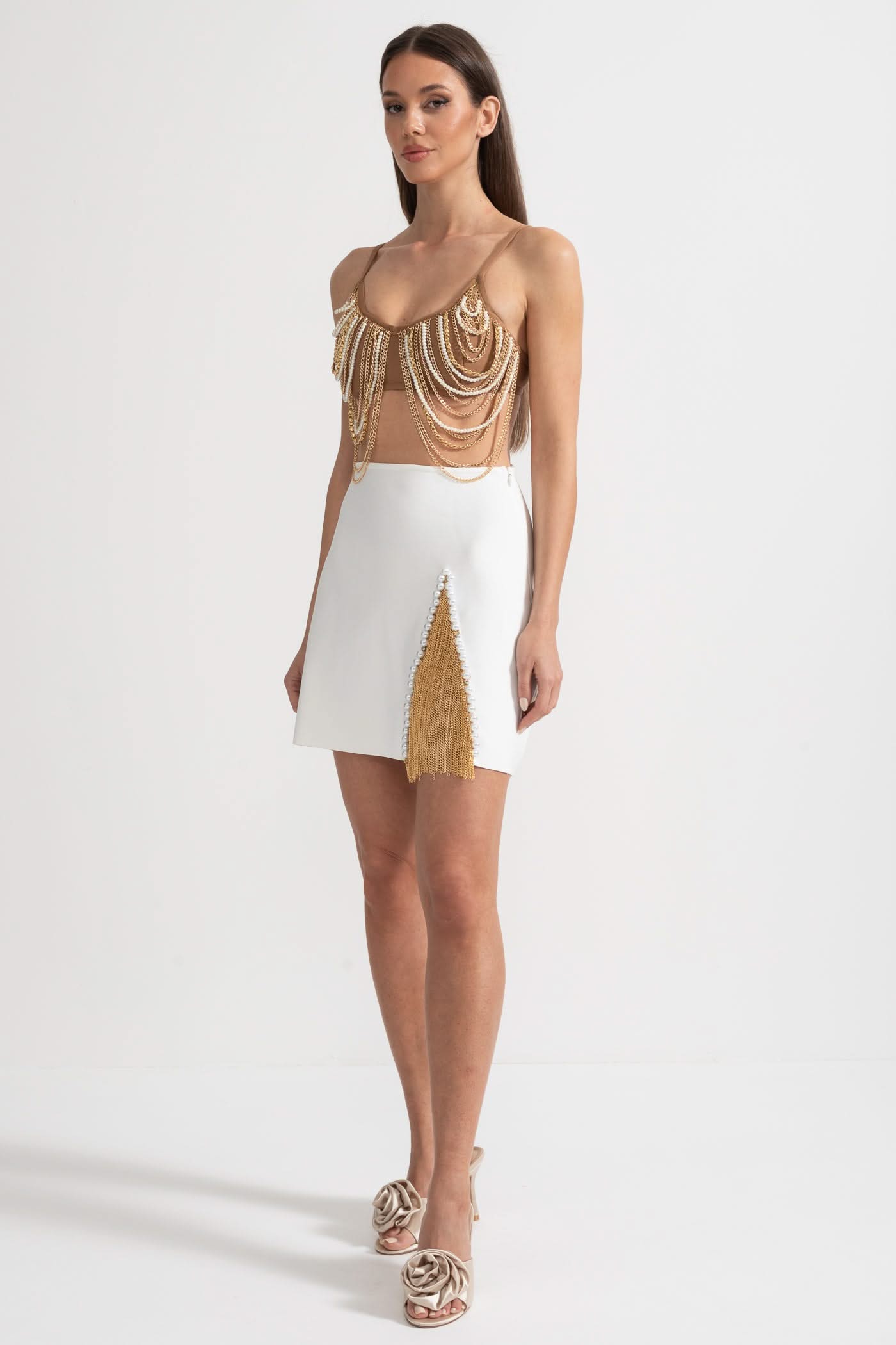Pearls And Chains Embellished Set With Contrasting Top And Mini Skirt - Gold/White