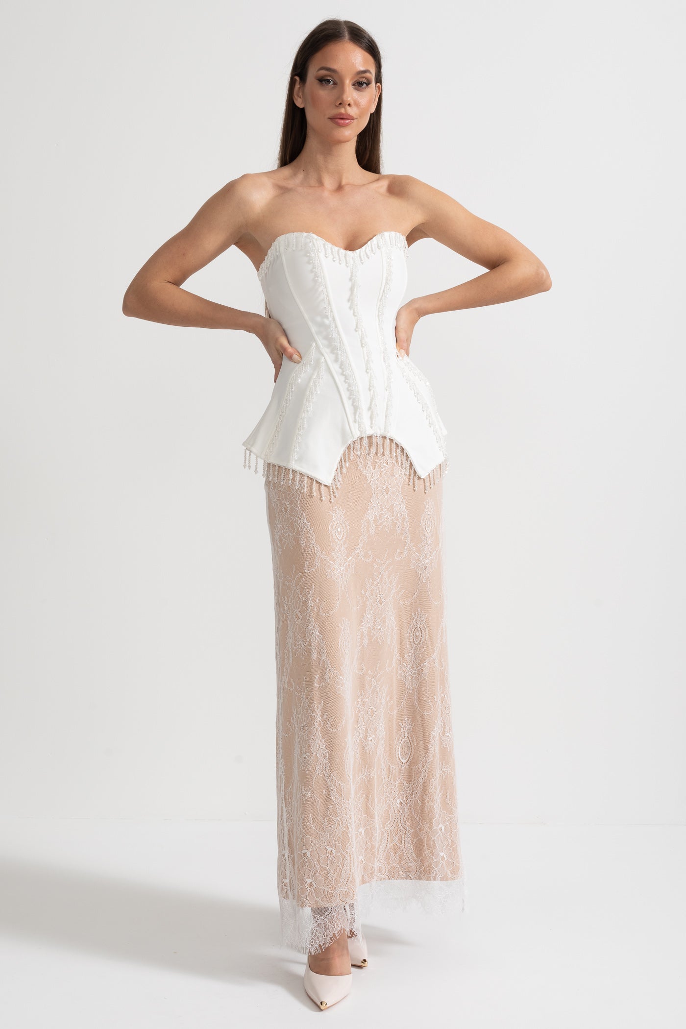 Elegant Corset Gown With Corset Top And Sheer Nude Maxi Skirt - White