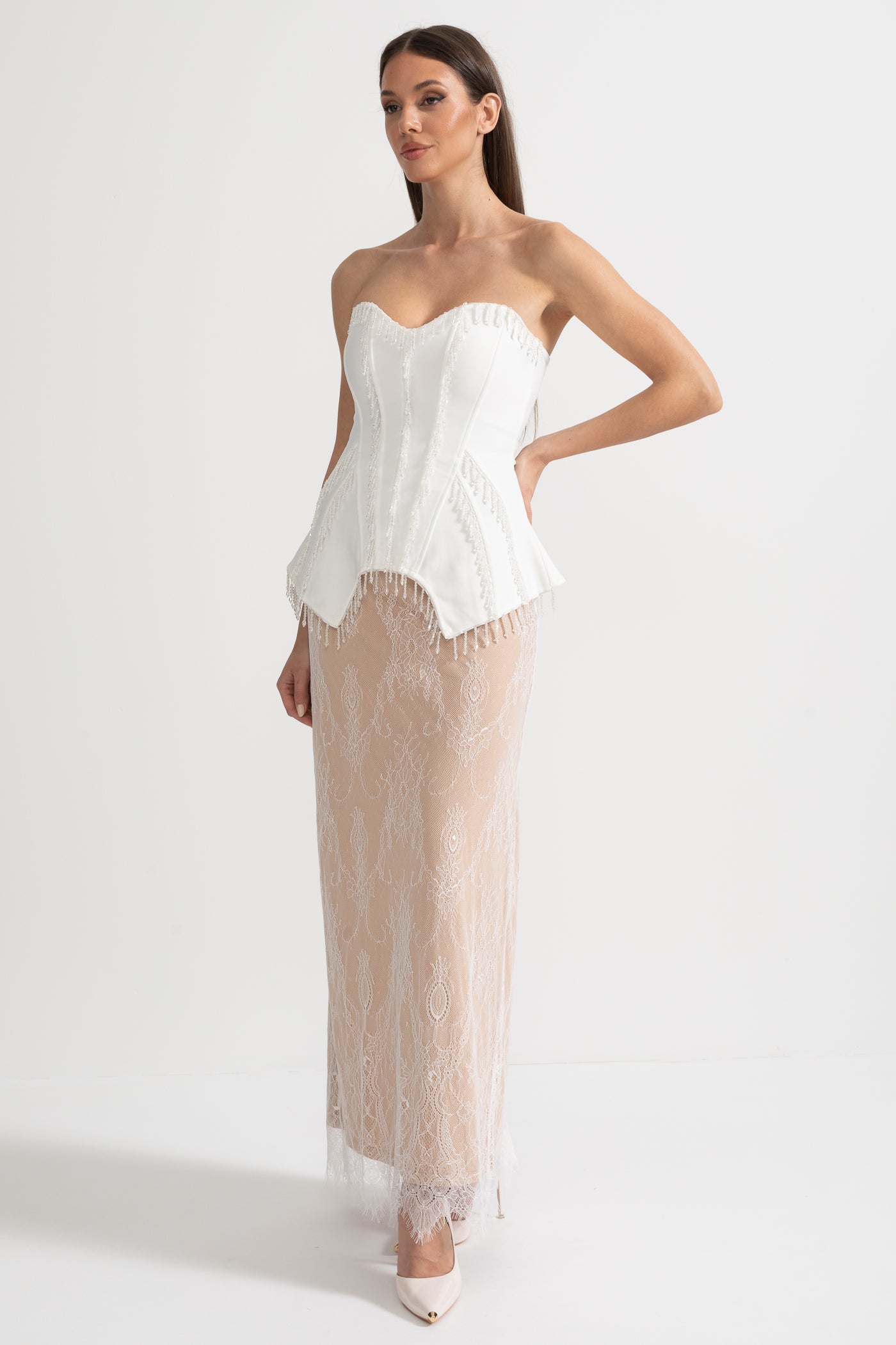 Elegant Corset Gown With Corset Top And Sheer Nude Maxi Skirt - White
