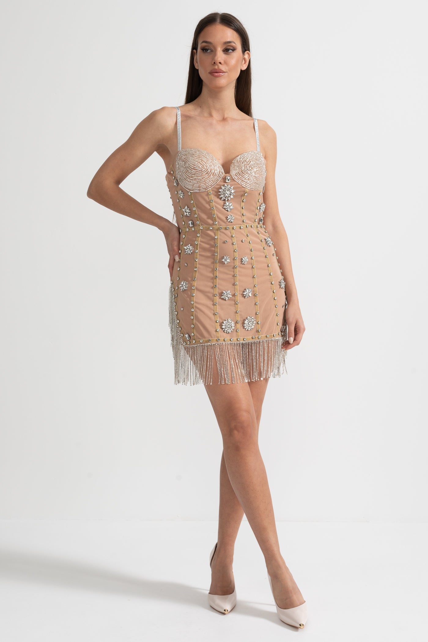 Mini Dress With Fitted Bodice, Silver Beading Accents And Sparkling Fringed Hem - Beige