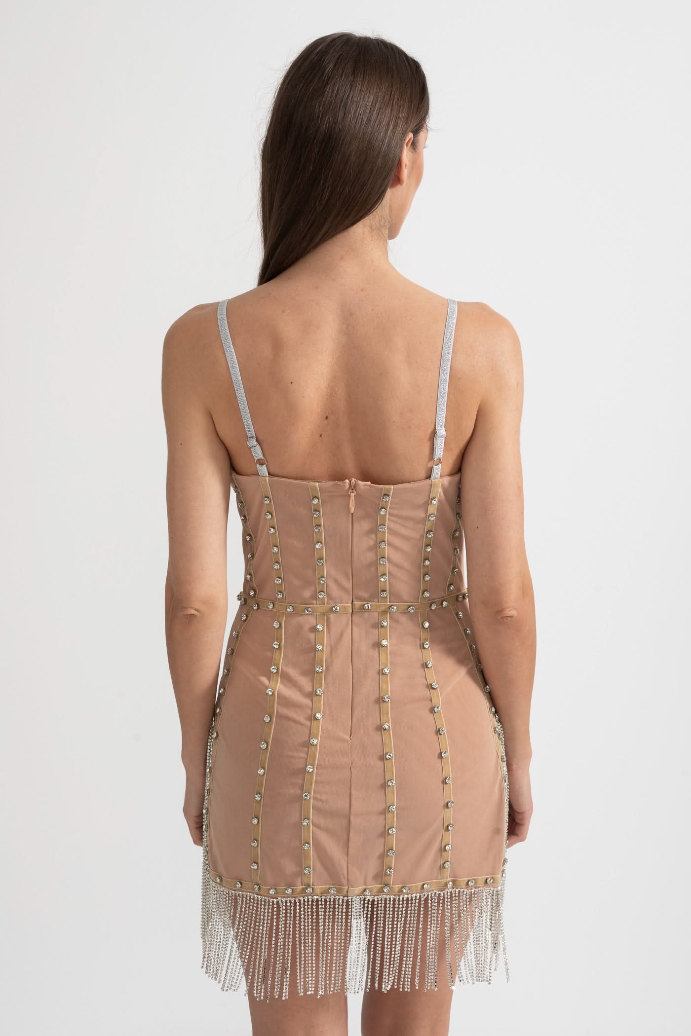 Mini Dress With Fitted Bodice, Silver Beading Accents And Sparkling Fringed Hem - Beige