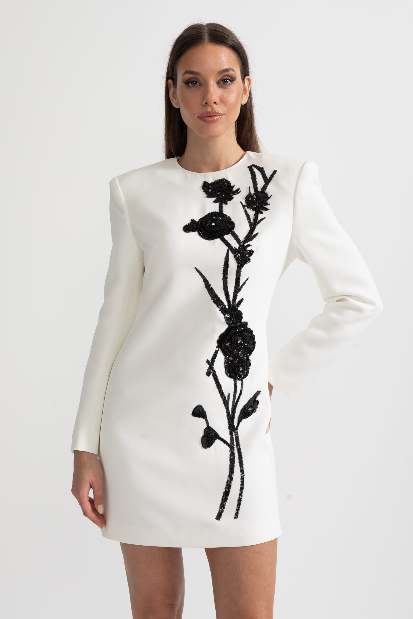 Long Sleeved Mini Dress with Contrasting Floral Embroidery - White, M Long Sleeved Mini Dress with Contrasting Floral Embroidery - White, M