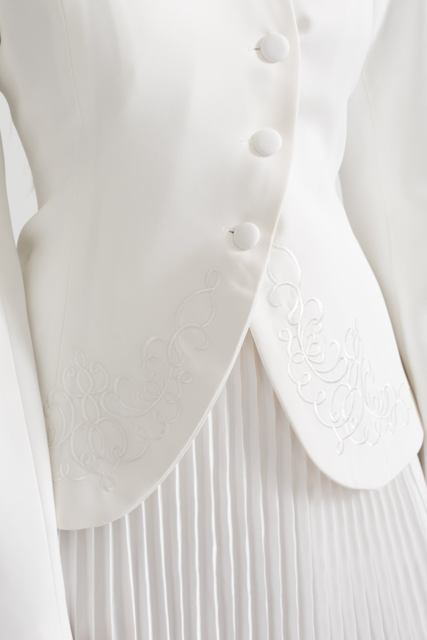 Pleated Skirt and Structured Jacket Co-Ord Set With Decorative Stitching - White