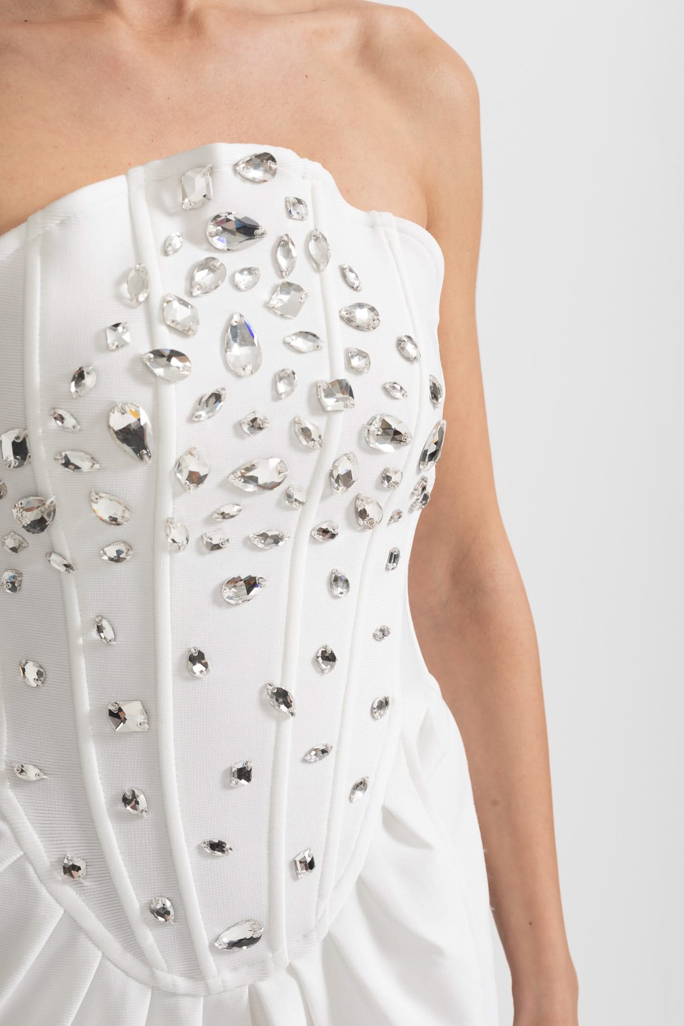 Elegant Satin Gown With Side Slit And Crystal Adornments - White