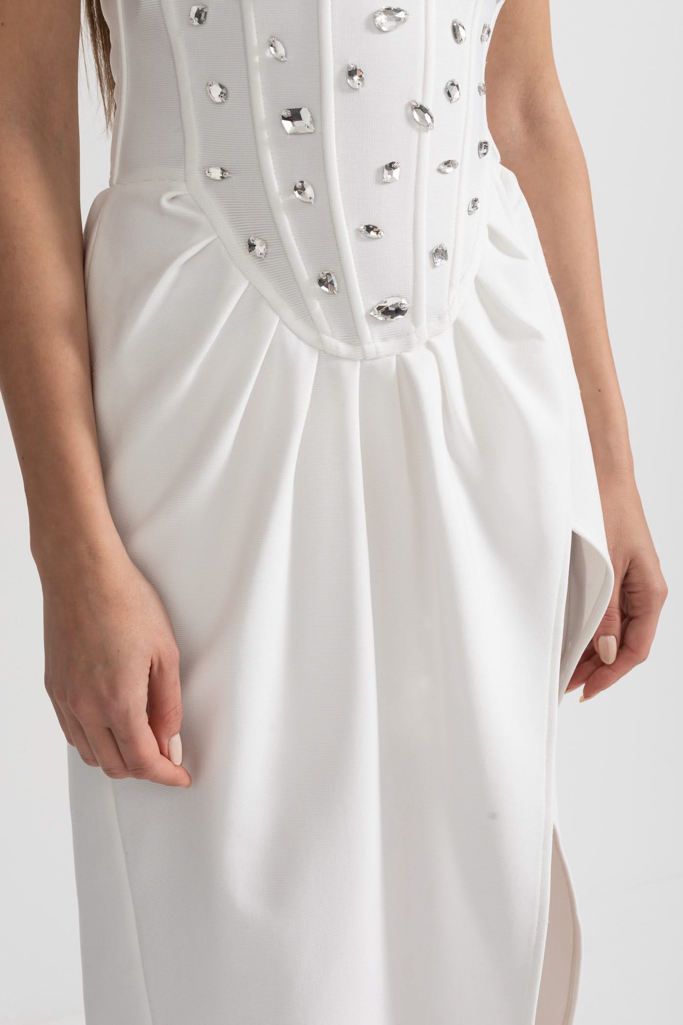 Elegant Satin Gown With Side Slit And Crystal Adornments - White