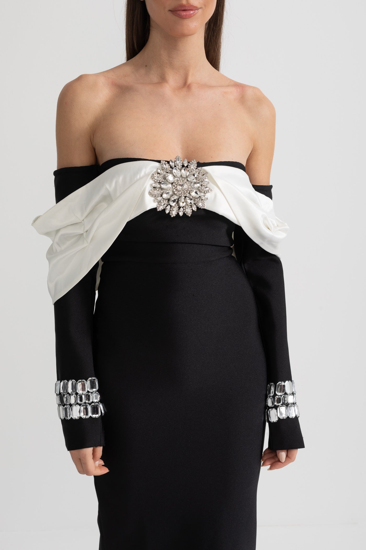 Elegant Off Shoulder Dress With Contrasting Bustier And Sparkling Embellishments - Black