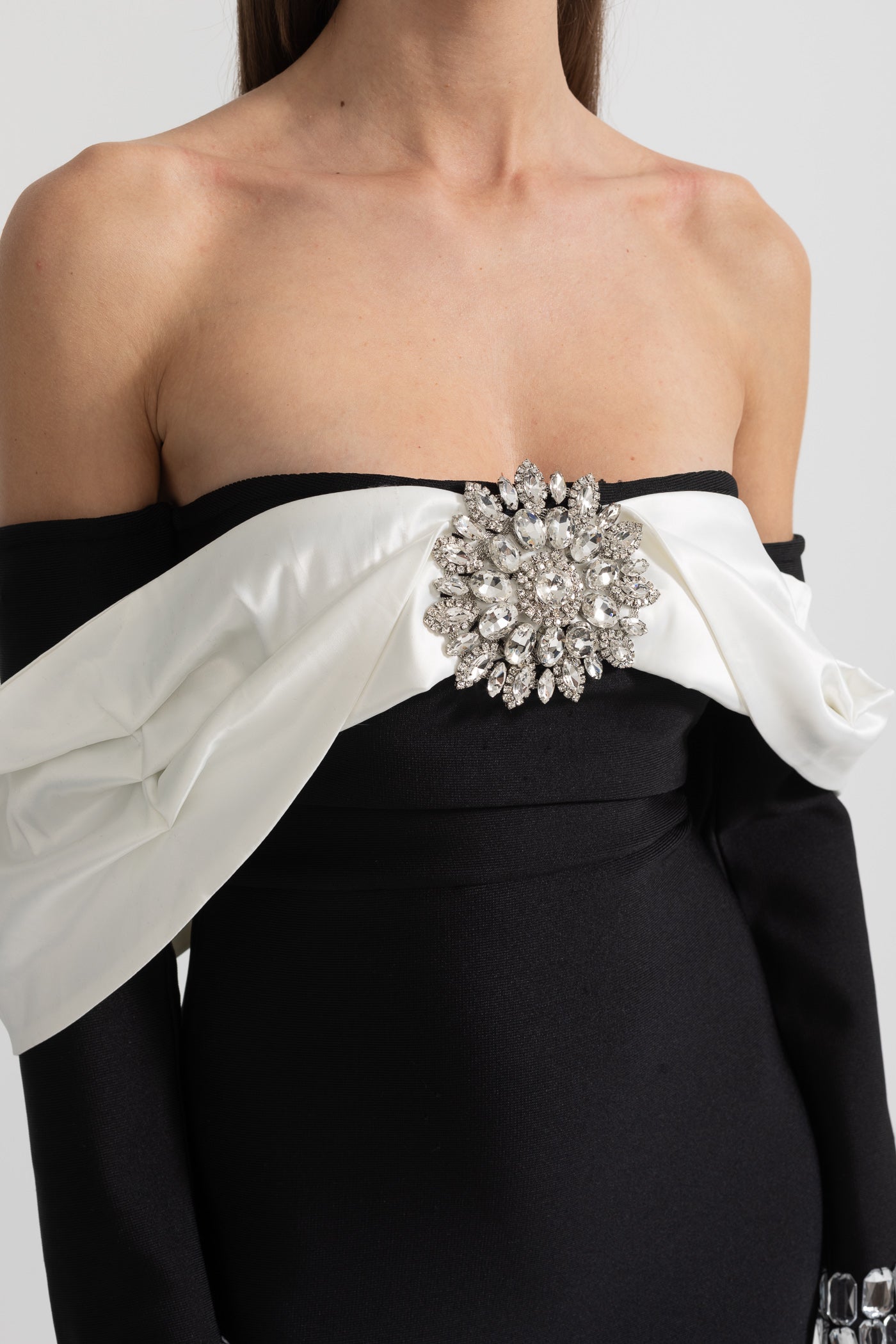 Elegant Off Shoulder Dress With Contrasting Bustier And Sparkling Embellishments - Black