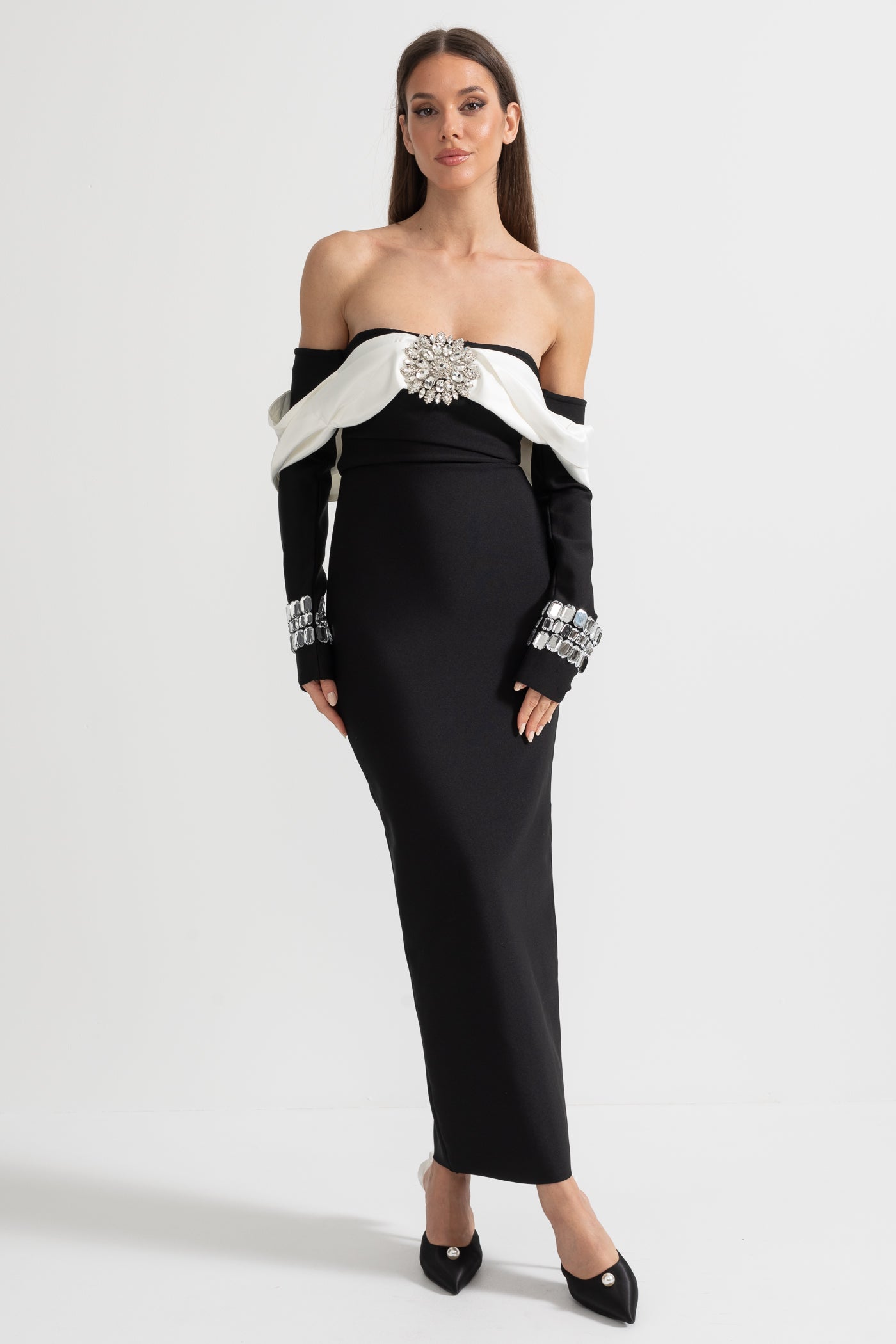 Elegant Off Shoulder Dress With Contrasting Bustier And Sparkling Embellishments - Black