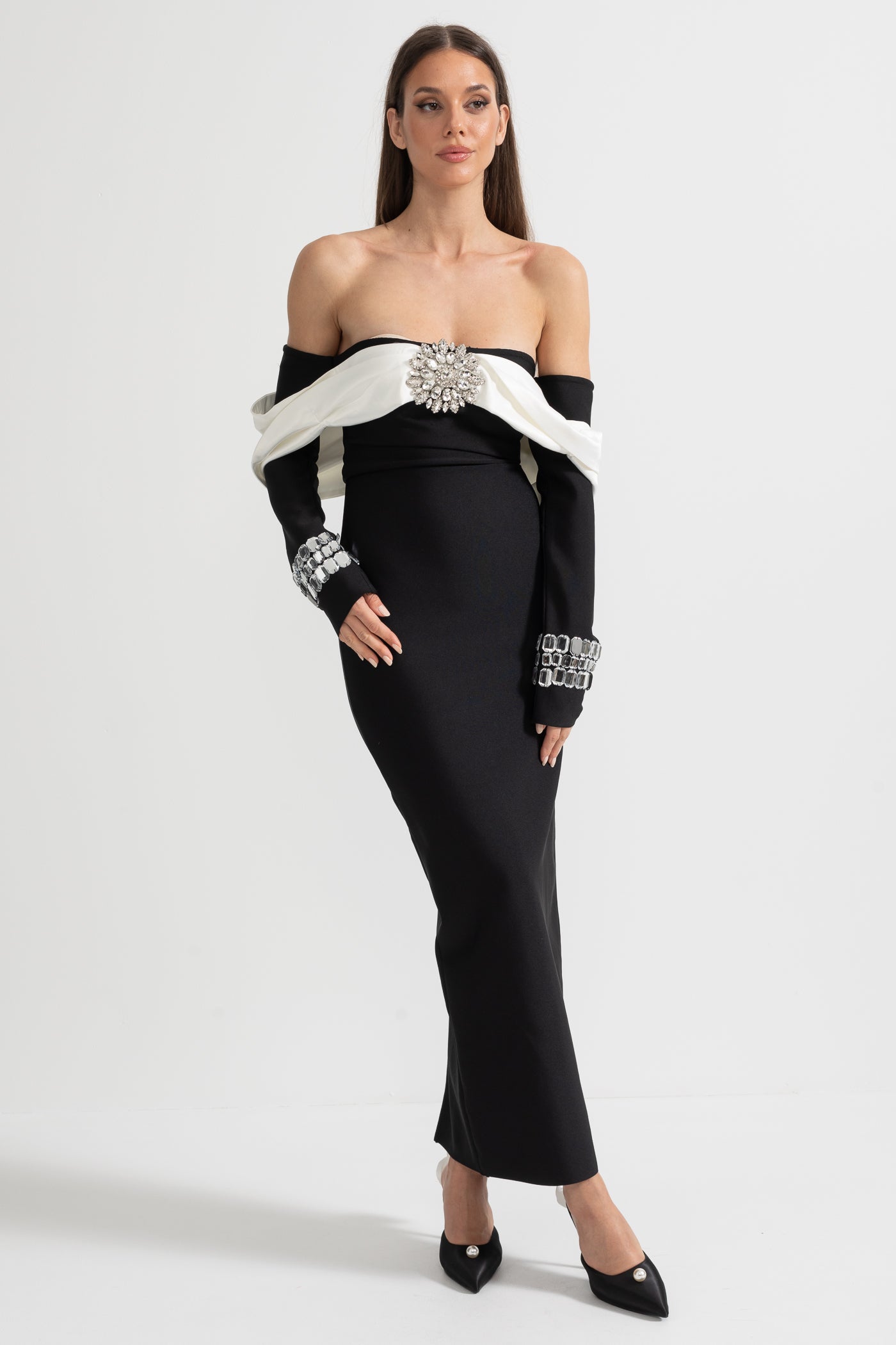 Elegant Off Shoulder Dress With Contrasting Bustier And Sparkling Embellishments - Black