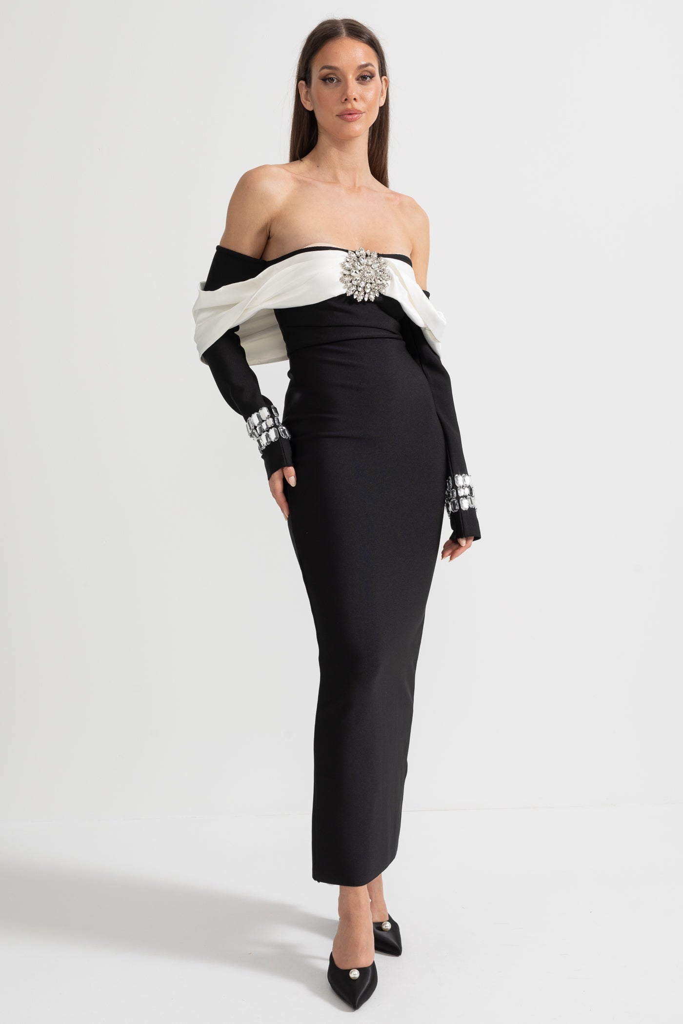 Elegant Off Shoulder Dress With Contrasting Bustier And Sparkling Embellishments - Black
