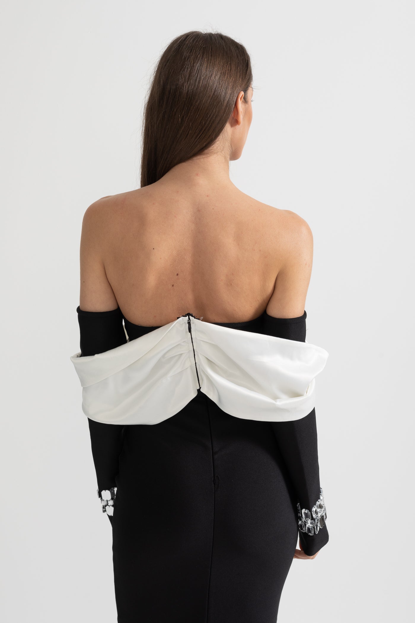 Elegant Off Shoulder Dress With Contrasting Bustier And Sparkling Embellishments - Black